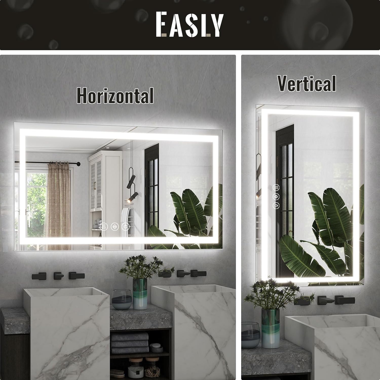 LED Bathroom Mirror, 32x48 Inch White Framed Gradient Front and Backlit Vanity Mirror, Anti-Fog, Dimmable, Wall Mounted Horizontal/Vertical Lighted Mirror, LED Vanity