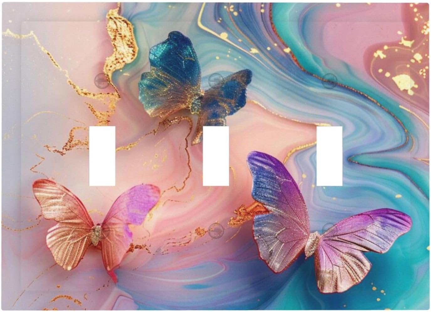 Colorful Marble Butterfly Gold Glitter Abstract Print Decorative Switch Plates 3 Gang Wall Plate Triple Toggle Light Switch Cover Faceplate Electrical Wall Panels for Bed Room Living Room Decor
