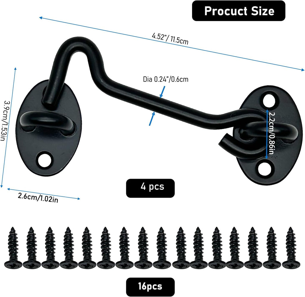 4-Pack 4Inch Door Lock Gate Latch Premium Stainless Steel Hook and Eye Gate Latch Cabin Hook with 16pcs Screws, Black