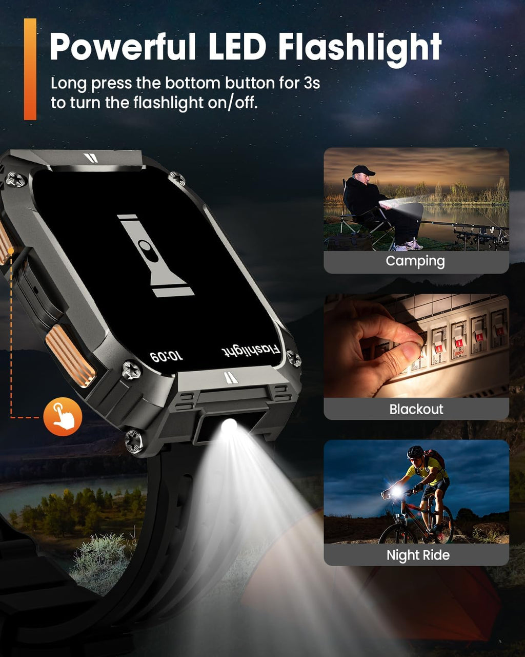 Smart Watches for Men, Military Smart Watch with 100 Days Battery/LED Flashlight, 1.95'' Fitness Watch with Heart Rate/ Sleep Monitor/100+ Sports Mode, 5 ATM Rugged Smartwatch for Android and iPhone