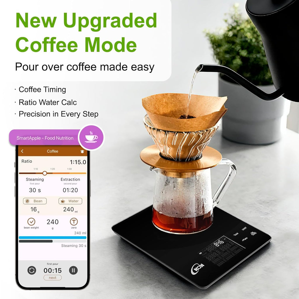 KOK Smart Food Scale with 30 Nutritional Calculator, Coffee Timer Function APP, Track Calorie, Macro, Carb for Weight Loss Keto and Diabetic, Espresso Scale Weight Grams and Ounces 5 Unit 1g/0.05oz