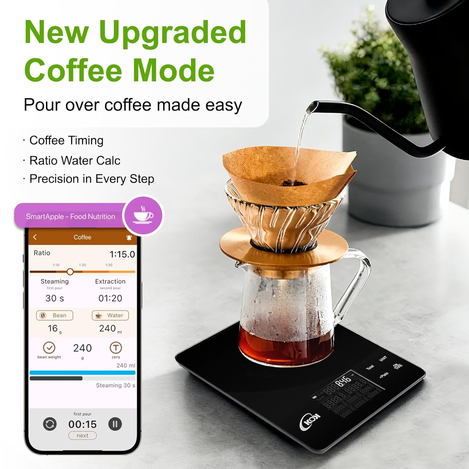 KOK Smart Food Scale with 30 Nutritional Calculator, Coffee Timer Function APP, Track Calorie, Macro, Carb for Weight Loss Keto and Diabetic, Espresso Scale Weight Grams and Ounces 5 Unit 1g/0.05oz