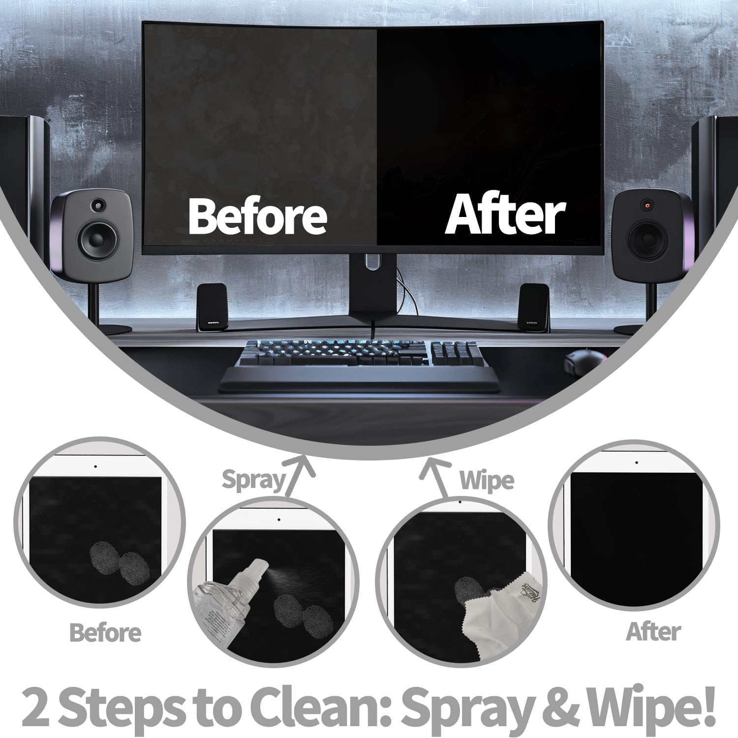 Laptop Screen Cleaner Kit: Phone Touchscreen Mist Spray and Cloth Wipes 2-Pack Grey, Hatstart Tablet Cleaning Kit for Car Display Computer TV PC Eyeglass, Compatible with iPhone, iPad, MacBook Pro