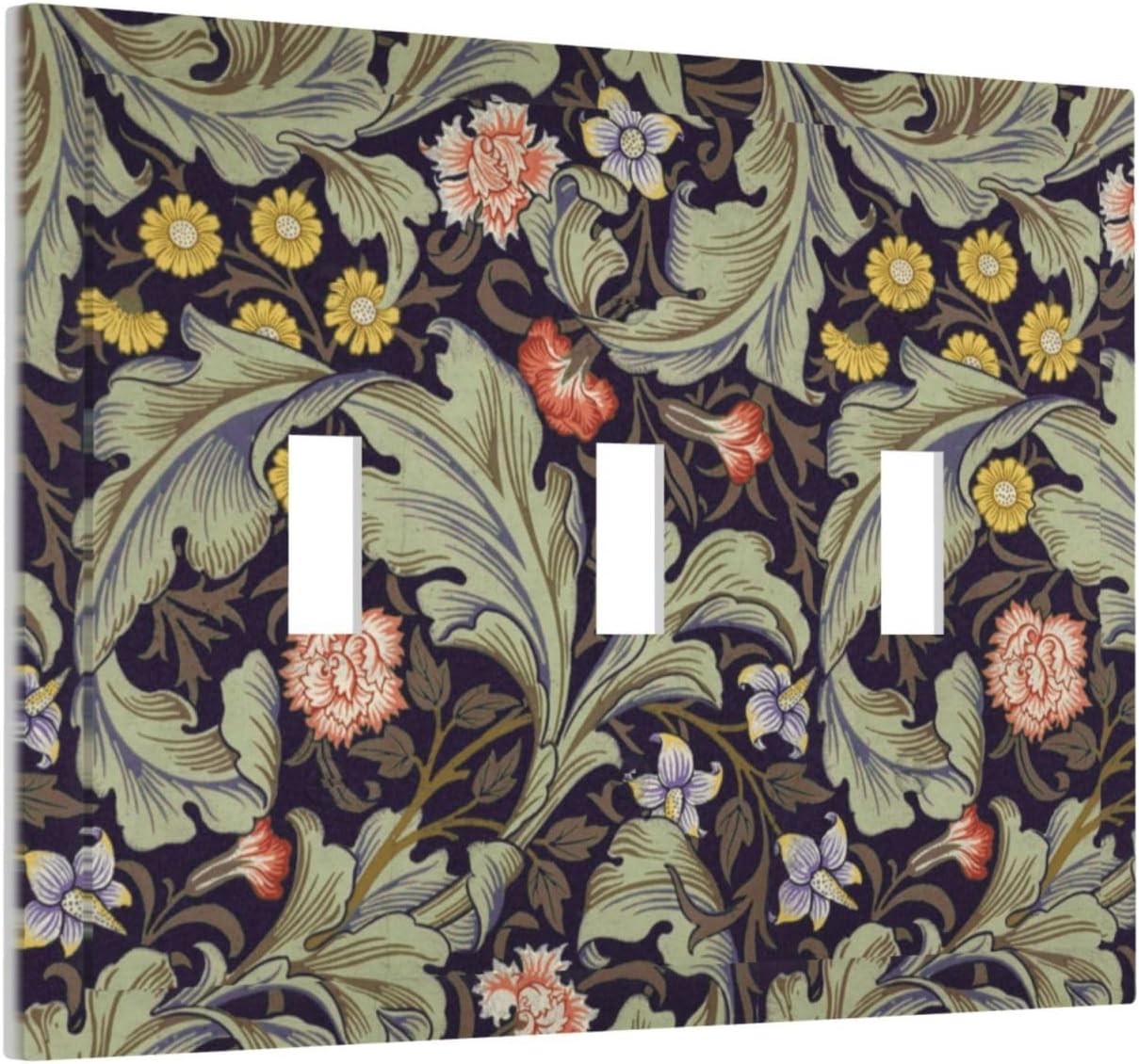 Boho William Morris Floral Green Leaves Flower Decorative Switch Plates 3 Gang Wall Plate Triple Toggle Light Switch Cover Faceplate Electrical Wall Panels for Farmhouse Home Decor