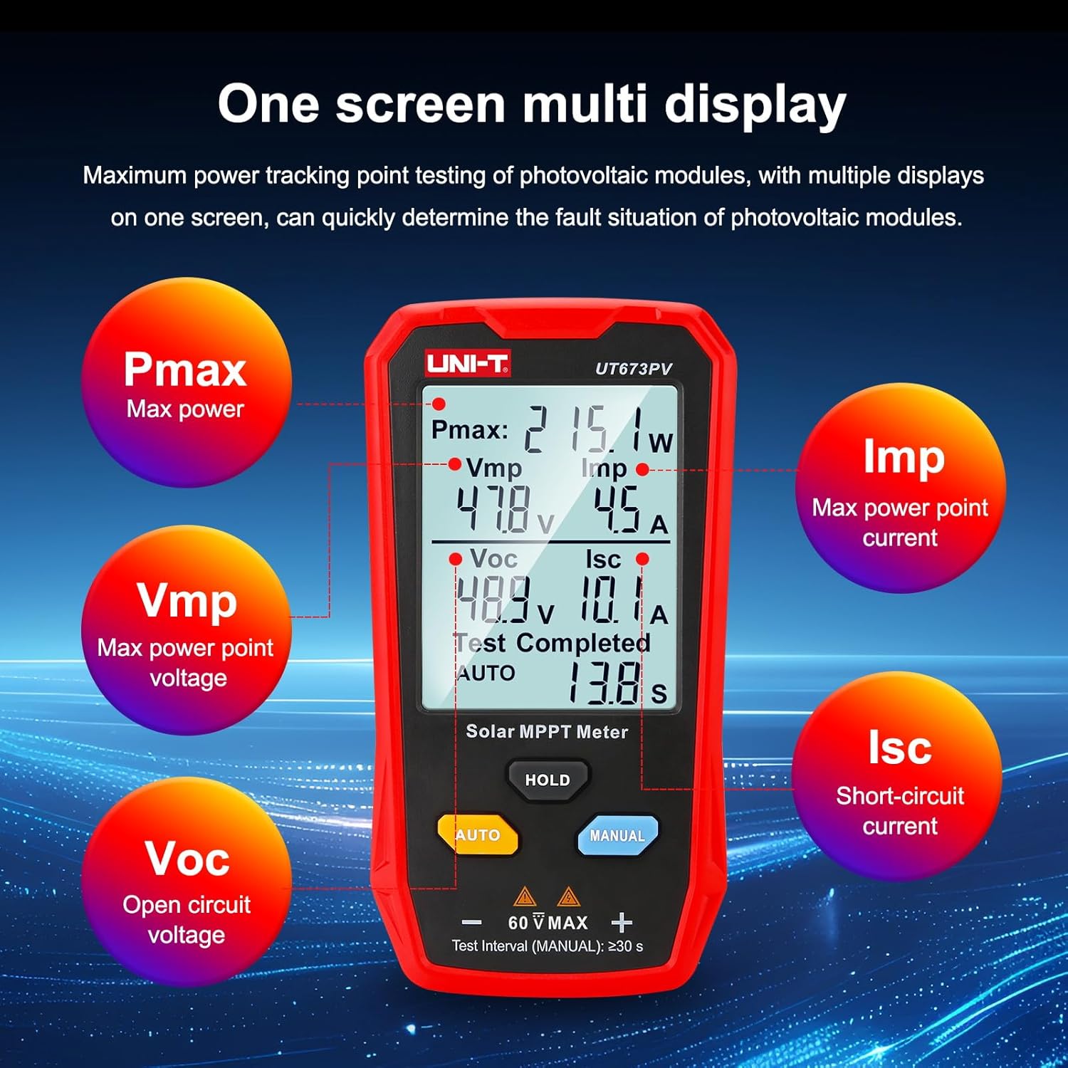 UNI-T UT673PV Solar Panel Tester, Solar MPPT Meter, 800W Photovoltaic Module Maximum Power Tester, Intelligent Manual/Auto MPPT Test, Large LCD and Multiple Result Displays