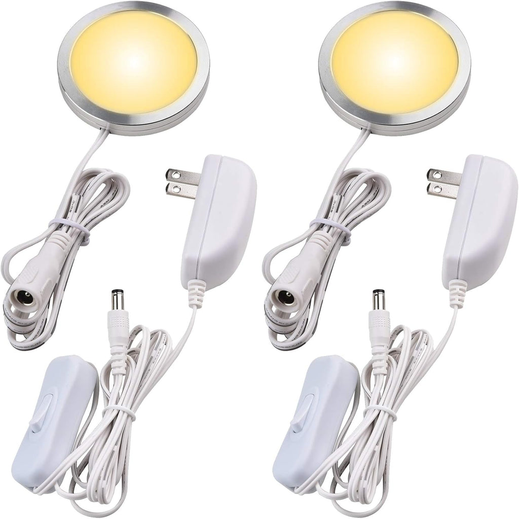 Single LED Kitchen Under Cabinet Puck Light, 120V Direct Wall Plug in Closet Cupboard Night Light, Easy to Mount, Inline On Off Switch, White Wires, 2 Packs, Warm White