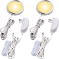 Single LED Kitchen Under Cabinet Puck Light, 120V Direct Wall Plug in Closet Cupboard Night Light, Easy to Mount, Inline On Off Switch, White Wires, 2 Packs, Warm White