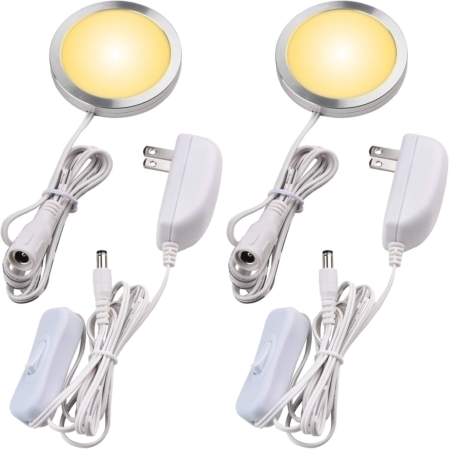 Single LED Kitchen Under Cabinet Puck Light, 120V Direct Wall Plug in Closet Cupboard Night Light, Easy to Mount, Inline On Off Switch, White Wires, 2 Packs, Warm White