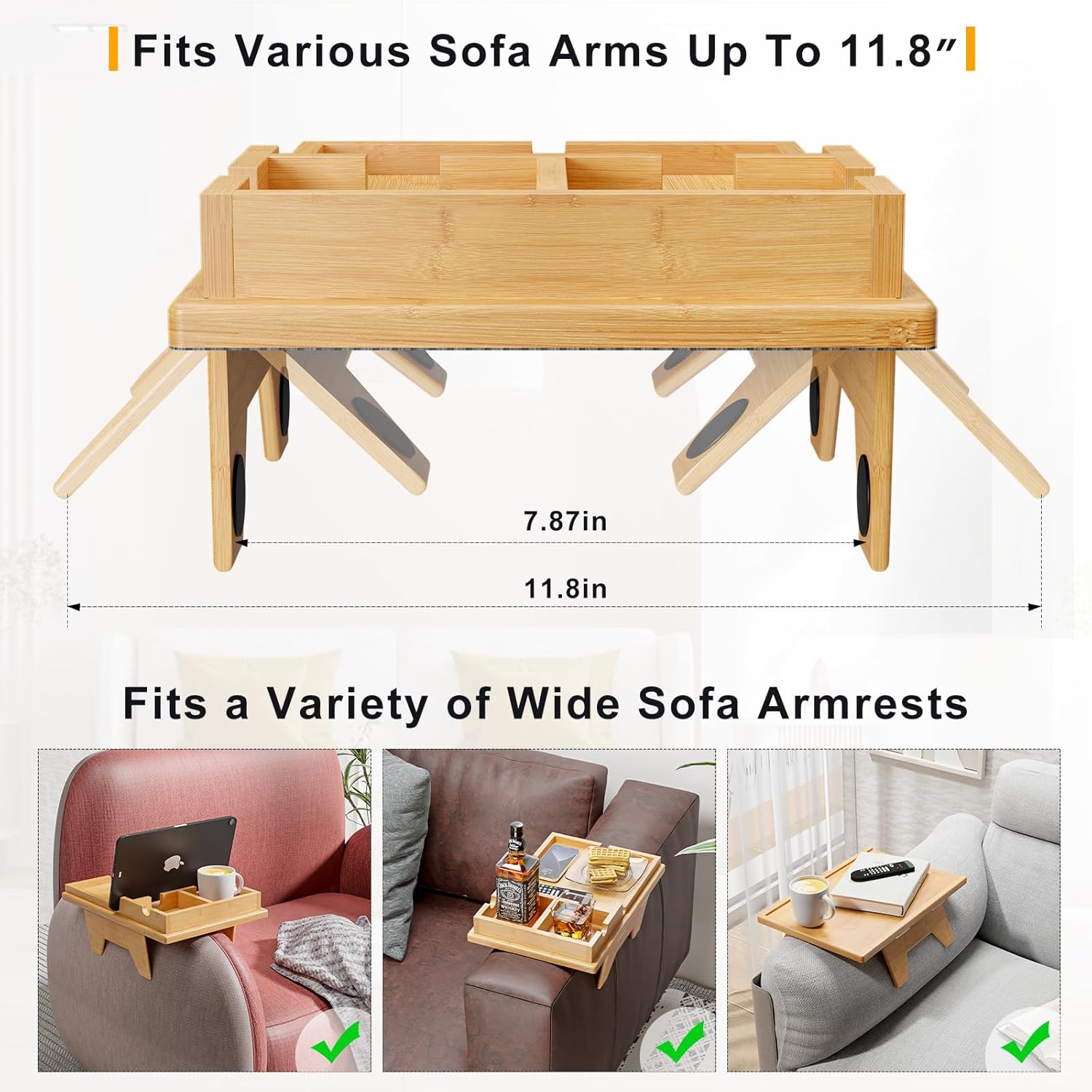 Bamboo Couch Cup Holder Tray - 2 in 1 Couch Armrest Table with Be Slide-Away Detachable Double Holder - Sofa Armchair Caddy for Drinking Snacks iPad TV Remote