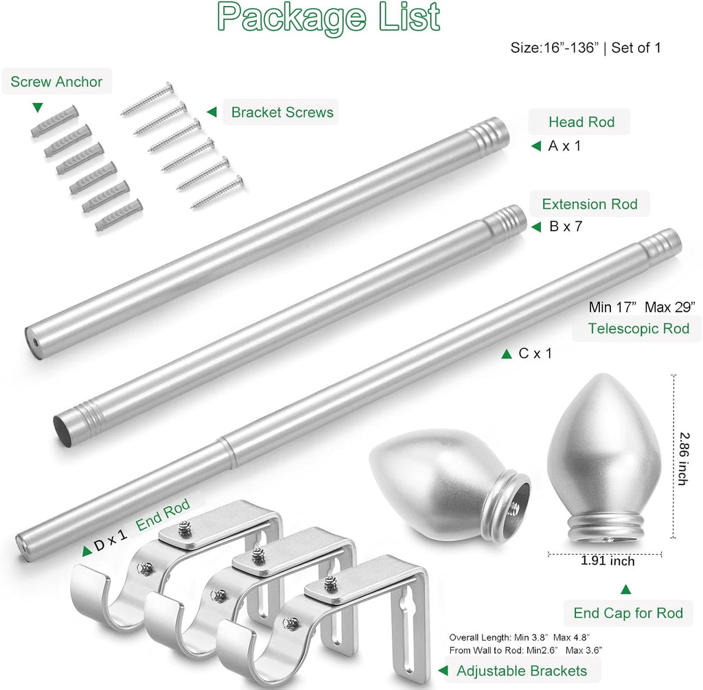 Curtain Rods for Windows 16 to 136 inches, Curtain Rod Max Adjustable Length to 146 in, Drapery Rod 1 inch Diameter with Modern Knobs Finials (Satin Silver, 16" to 136" - Set of 1)