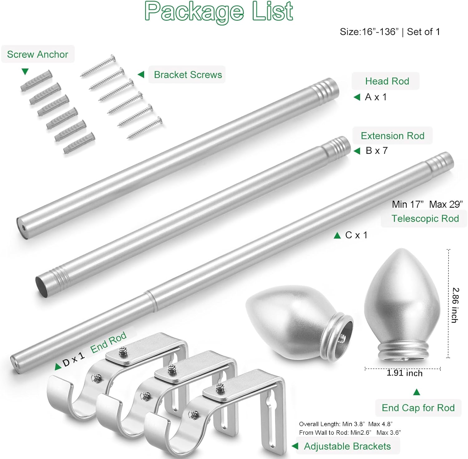 Curtain Rods for Windows 16 to 136 inches, Curtain Rod Max Adjustable Length to 146 in, Drapery Rod 1 inch Diameter with Modern Knobs Finials (Satin Silver, 16" to 136" - Set of 1)