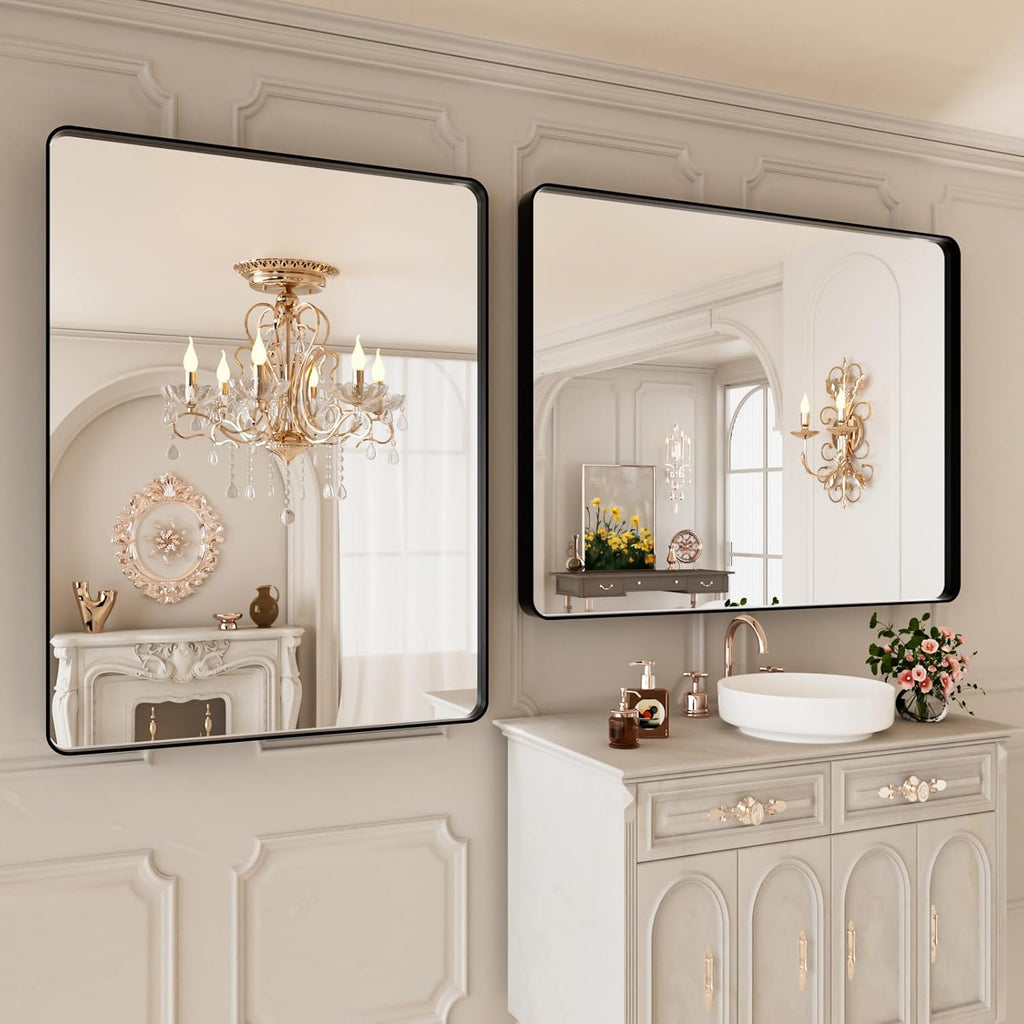 40x30 Inch Black Metal Framed Bathrrom Mirror for Wall,Matte Black Rectabgle Vanity Mirror,Tempered Glass,Anti-Rust,Rounded Corner,Horizontal or Vertical