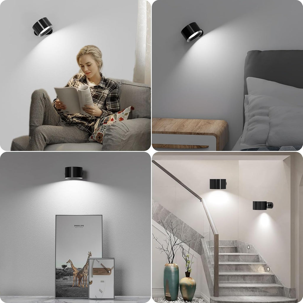 Koopala 2PCS Rechargeable Battery Operated LED Wall Lamps, Wall Mounted Lights with 3 Brightness 3 Color Temp Removable Charging 360°Rotate Magnetic, Cordless Wall Sconces for Reading Bedside-Black