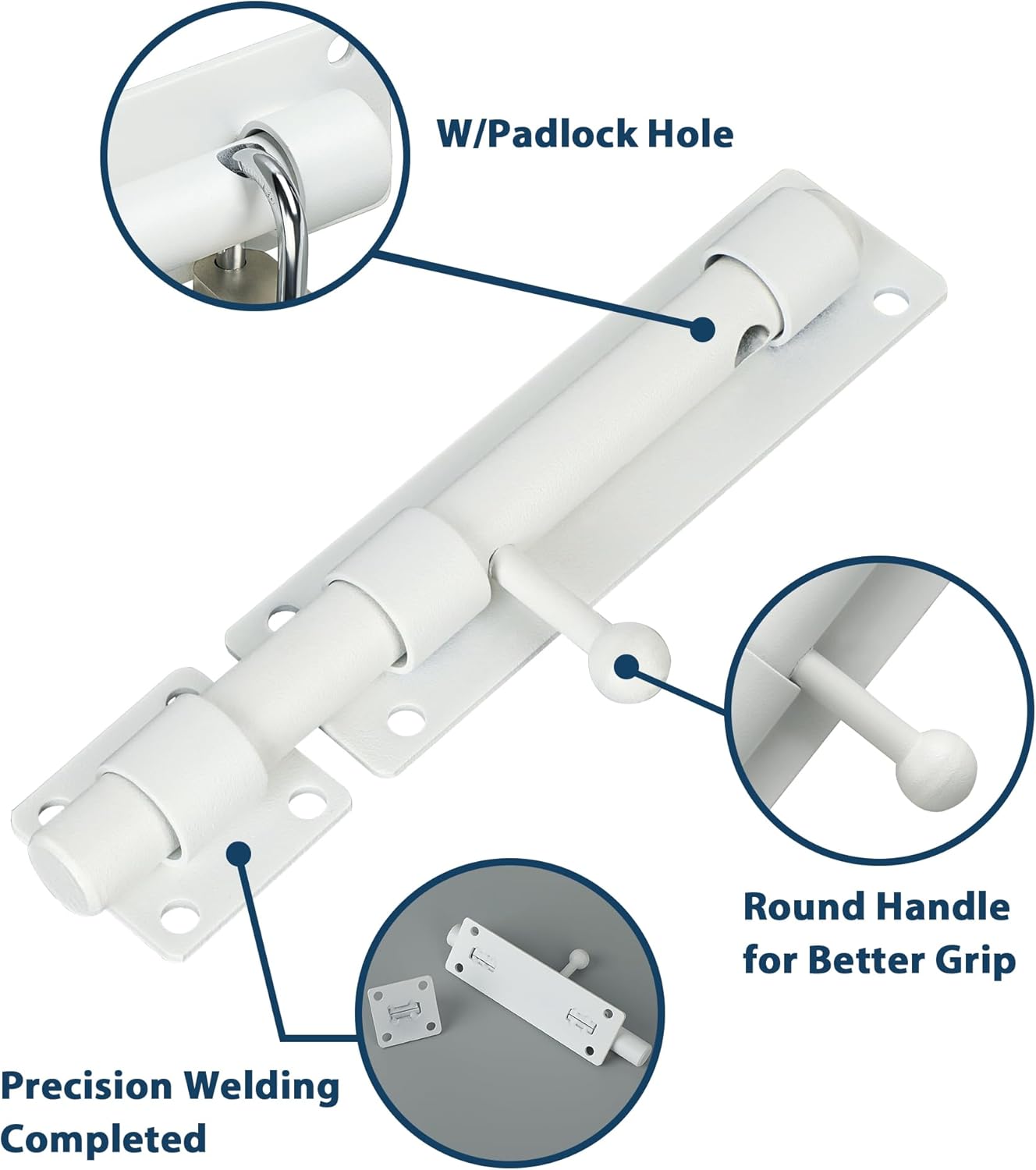 Alise 8 inch Barrel Bolt Latch,Slide Bolt Latch,Heavy Duty Solid SUS304 Stainless Steel Slide Lock for Wooden Fence,Barn Door,Interior or Outdoor Door White
