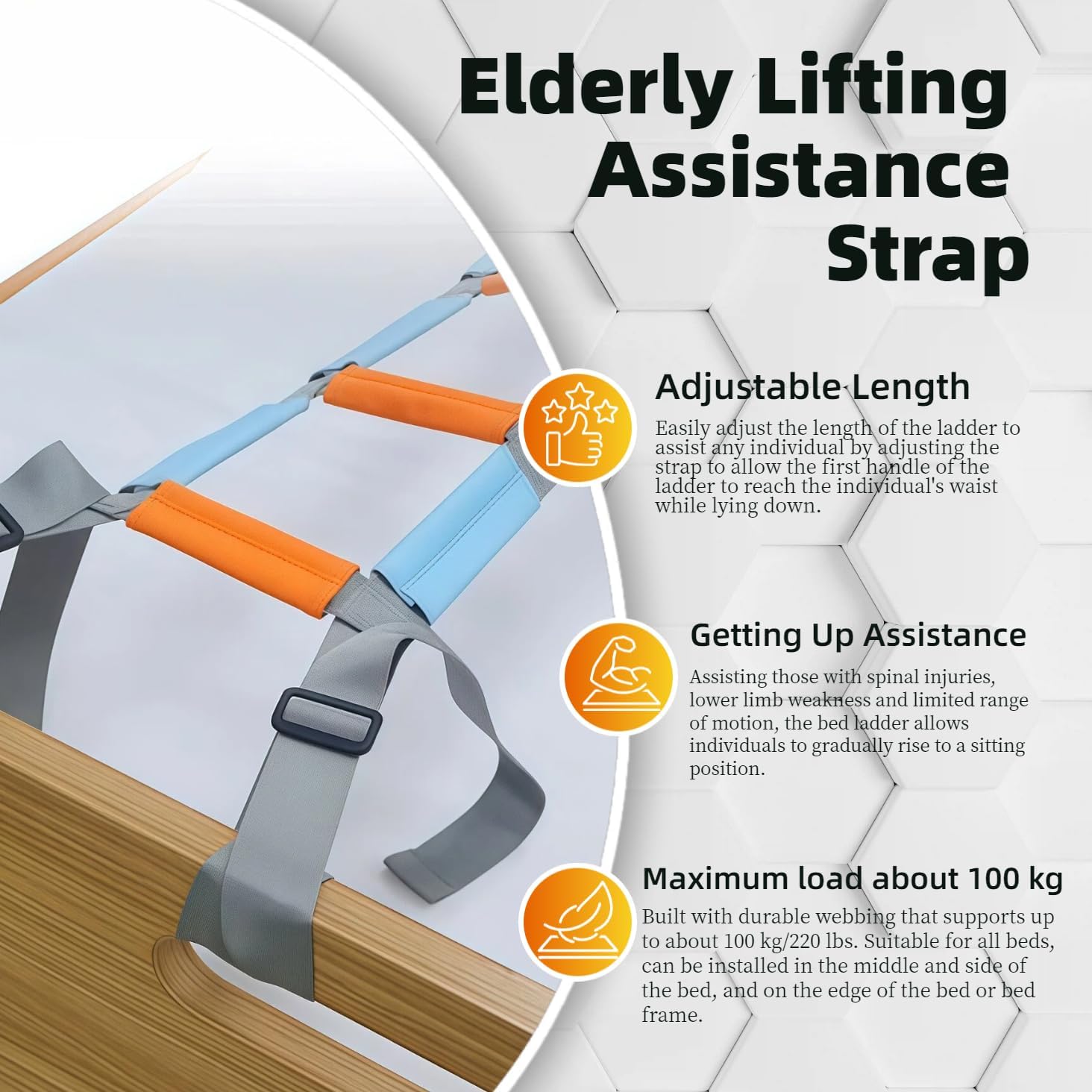 Bed Ladder Assist with Soft Handle Grips Assist Device with Handle Strap Sit Up Hoist Adjustable Length Assistant to Get Out of Bed for Seniors Handicapped Injured（Blue）