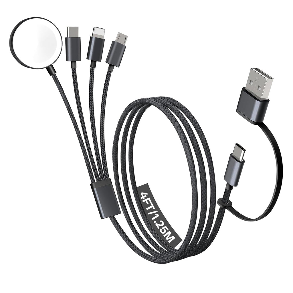 Travel Essentials, 4 in 2 Multi Charging Cable for Apple Watch Charger/iPhone Charger,USB C Cable Cord for iPhone 17-11/iWatch Ultra/10-2/Galaxy S25-S20, Android Phones, Kindle, MP3-Black,4FT