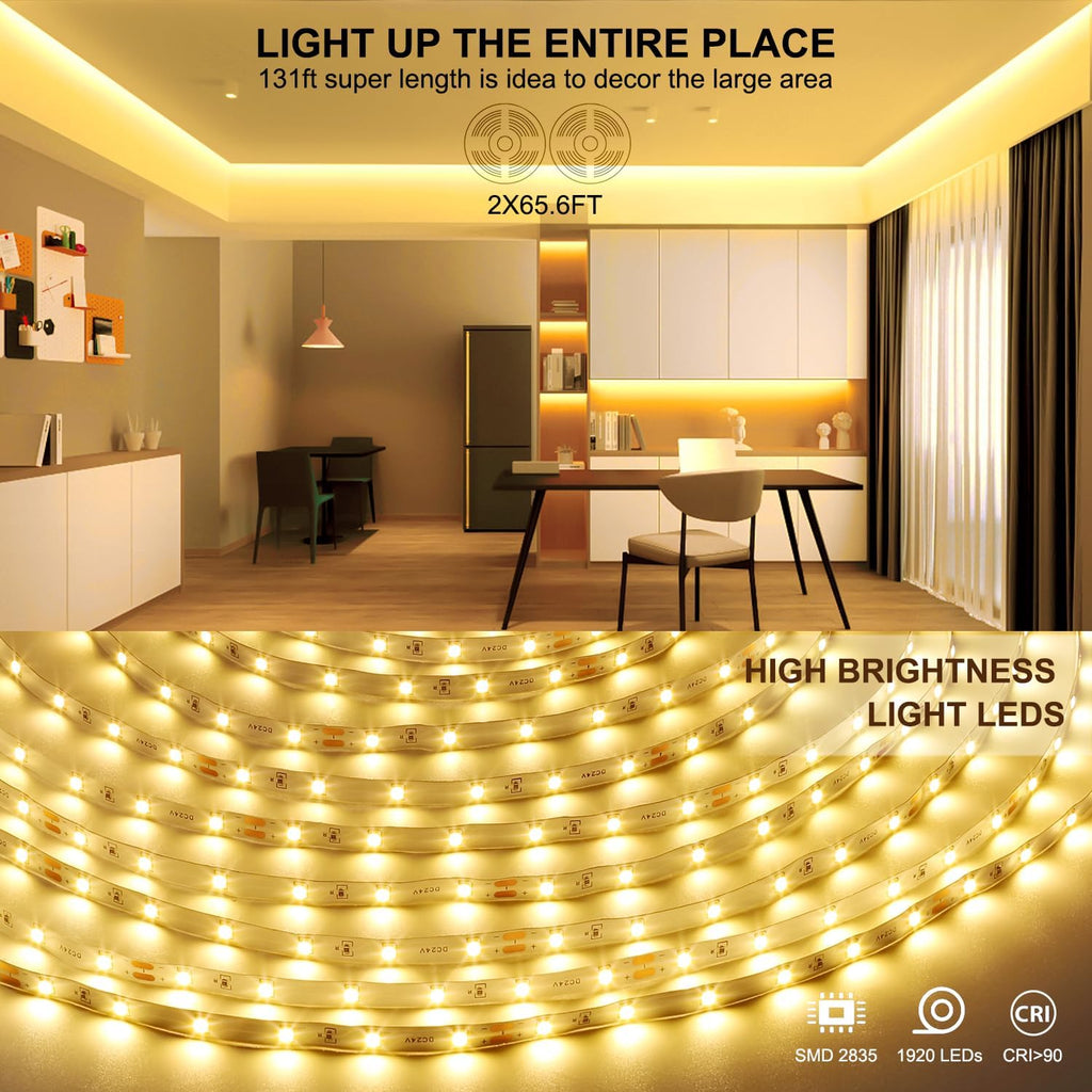 White LED Strip Lights, 131ft Dimmable 24V LED Lights Strip 3000K Bright Warm White, Flexible Tape Lights for Bedrooms, Kitchen, Cabinet, Christmas Decor, 2 Rolls of 65.6ft