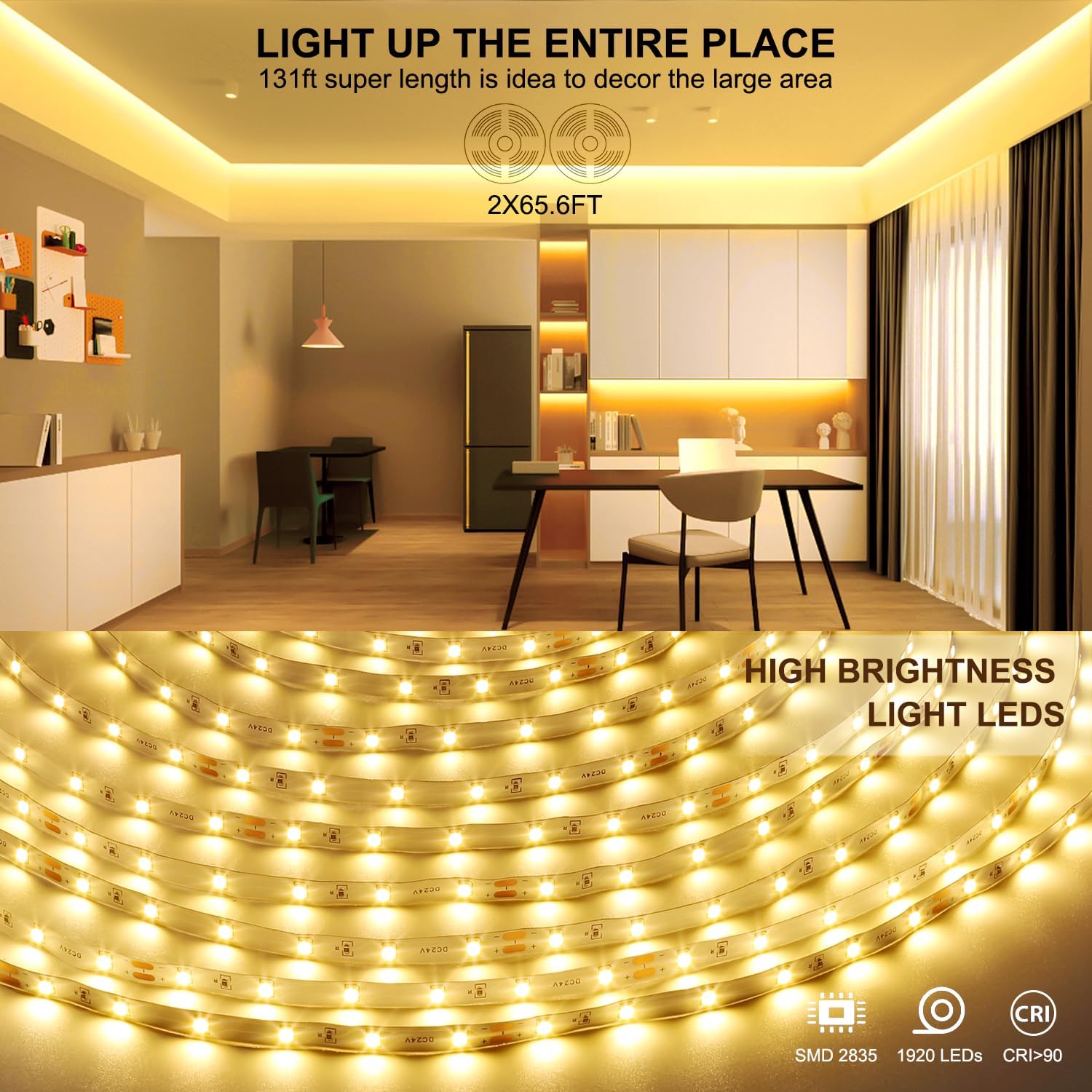 White LED Strip Lights, 131ft Dimmable 24V LED Lights Strip 3000K Bright Warm White, Flexible Tape Lights for Bedrooms, Kitchen, Cabinet, Christmas Decor, 2 Rolls of 65.6ft