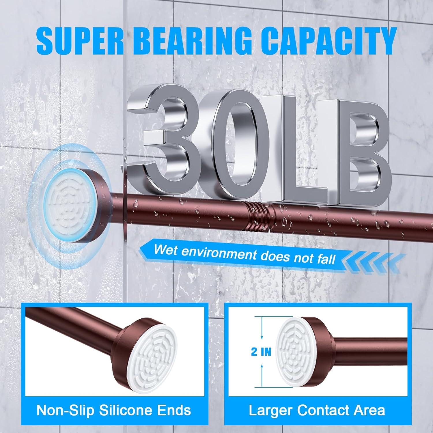 TEECK Shower Curtain Rod, 32-43 inch Adjustable Spring Tension Curtain Rod, Never Rust Anti-Slip Shower Curtain Rod for Bathroom, No Drilling, Never Collapse, Easy to Use, Brown