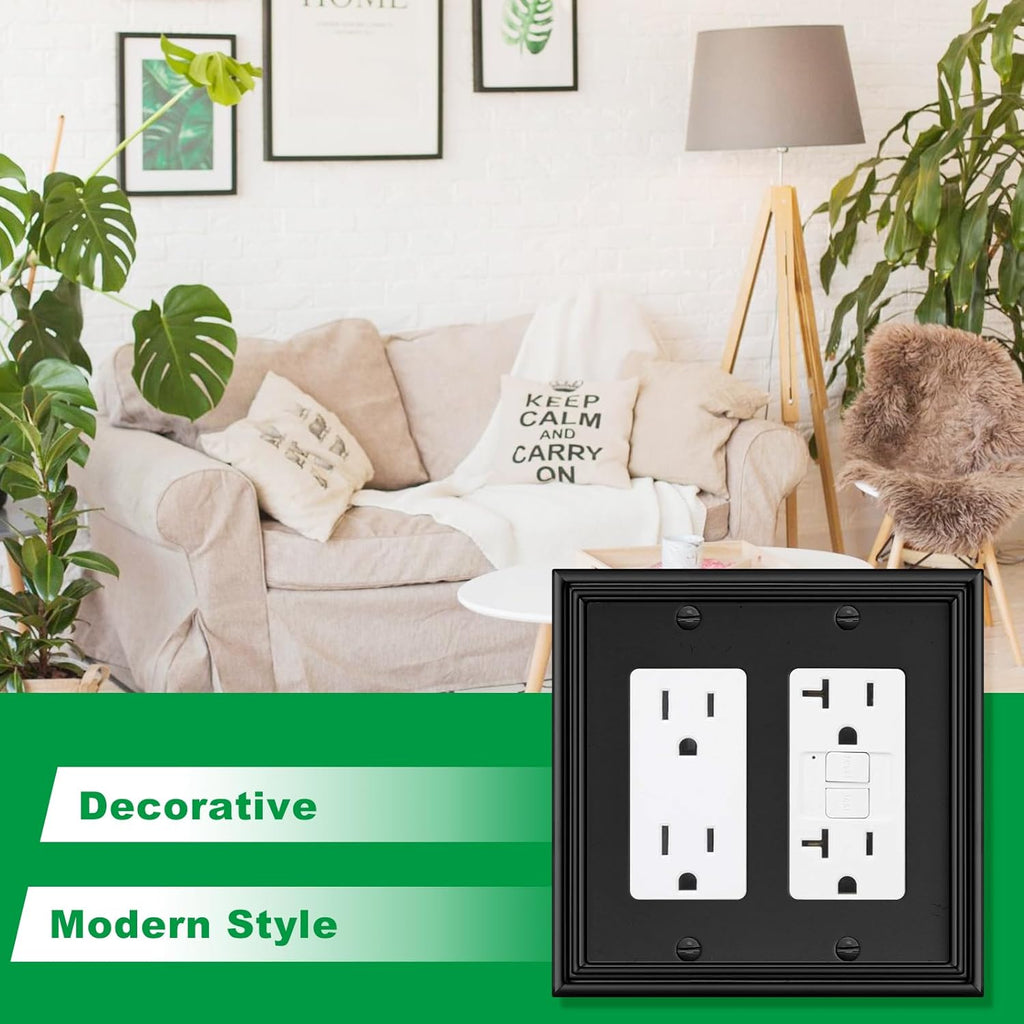 Black Modern Decorative Wall Plate Light Switch Cover Decorator Outlet Covers Rocker Switch Plates Bamboo Fiber Material Wall Plates for Kitchen Bathroom (2 Gang Double Decorator-2 Pack)