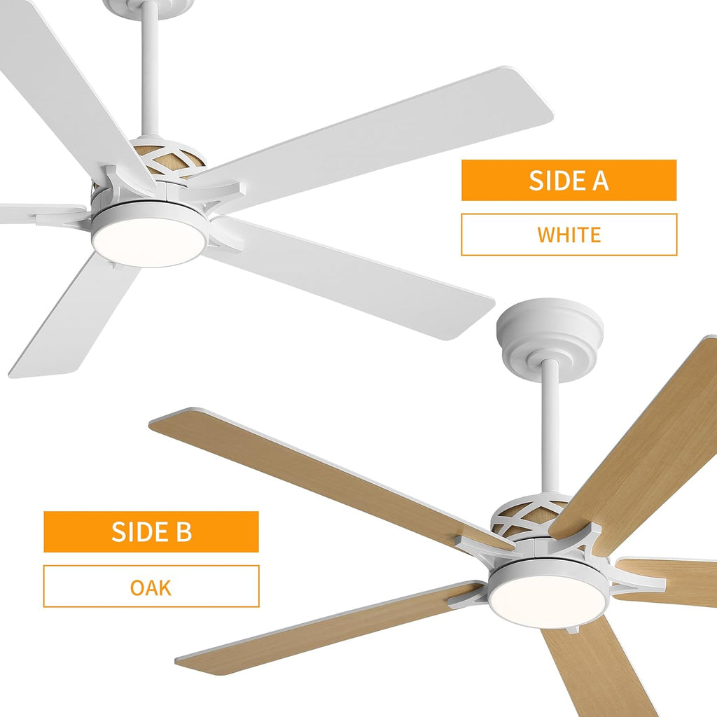 WINGBO 60" Smart Ceiling Fan with Lights, White/Oak Blades, 6 Speeds Reversible DC Motor, Works with Alexa and Google Assistant, 3CCT Dimmable LED Ceiling Fan for Bedroom Living Room, White Finish