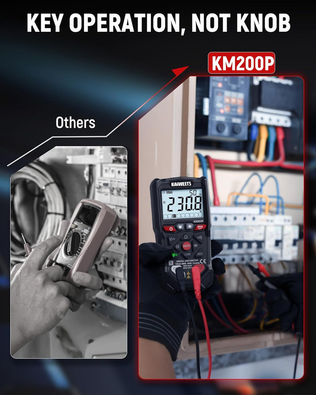 KAIWEETS KM200P Digital Multimeter, All Button Operation (No Knob), TRMS Auto Ranging, 4000 Counts, NCV, Voltmeter Ohmmeter, Fast & Accurate Measure AC/DC Voltage, Resistance, Continuity, Capacitance