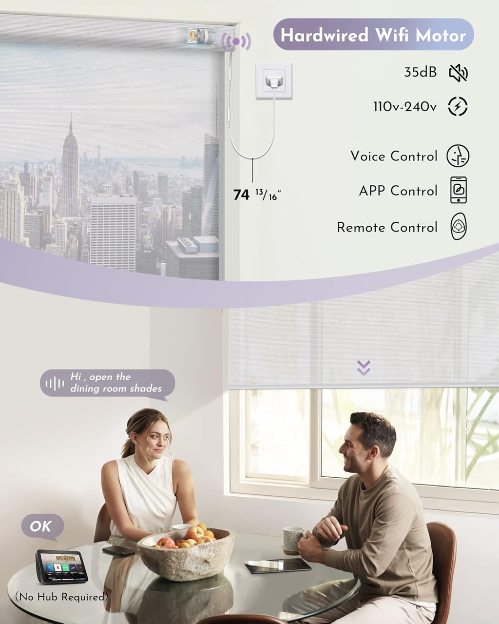 Graywind Motorized Semi Roller Shades Compatible with Alexa Google Hardwired WiFi Smart Light Filtering Remote Control Automated Blinds Electric Window Shade, Custom Size (Sheer White)