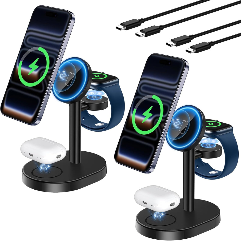 2 Pack Hevanto 2025 3 in 1 Wireless Charging Station for Apple MagSafe Charger, 15W Fast Magnetic Mag-Safe Charger Stand for iPhone 17 16 15 14 13 12 Apple Watch AirPods (Adaptor Not Included)