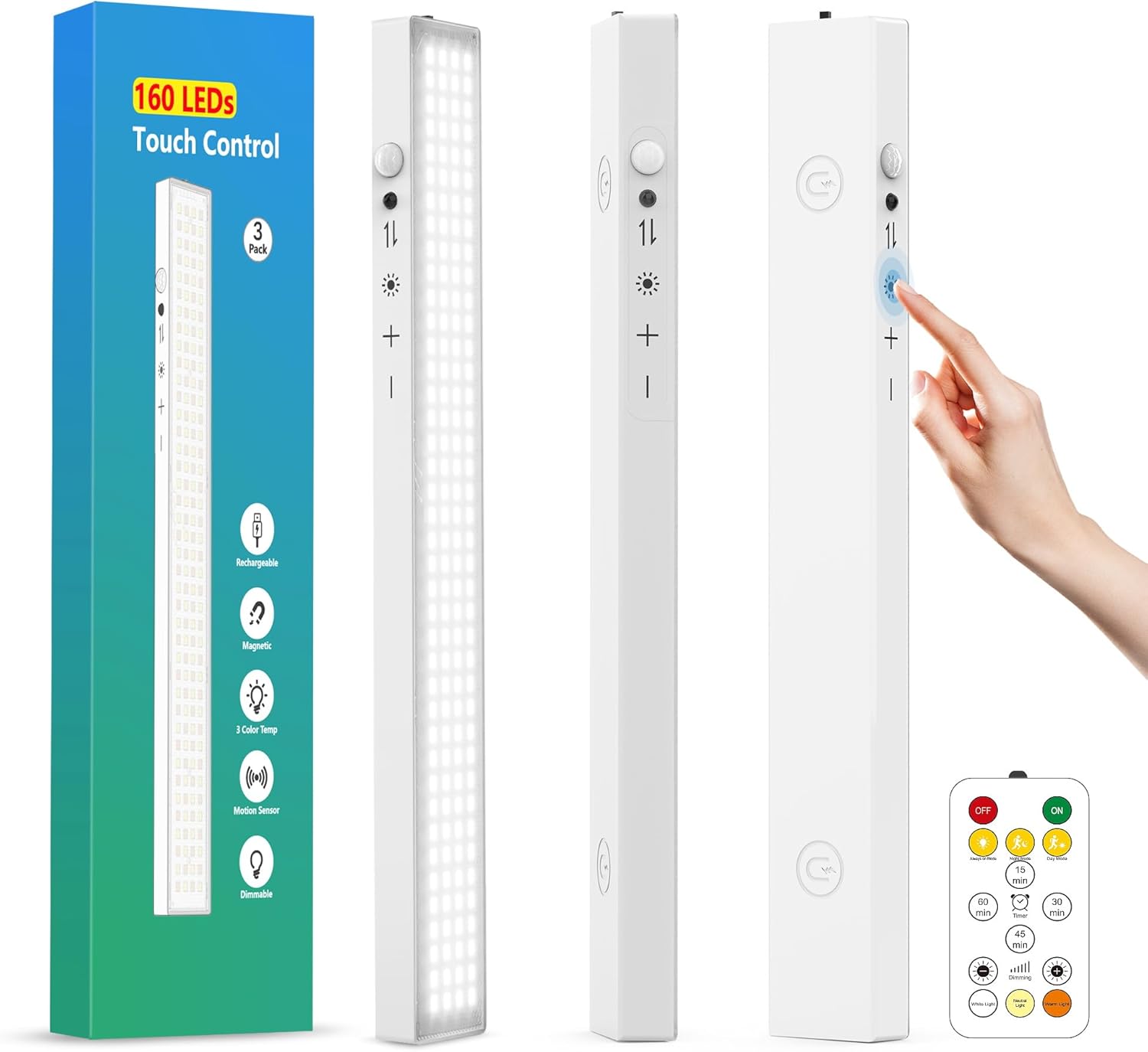 160LEDs Touch-Control Under Cabinet Lighting w/4000mAh Battery, Cordless Motion Sensor Under Counter Lights for Kitchen, Magnetic Rechargeable Closet Lights - 3Pack/White, 2025 Fall