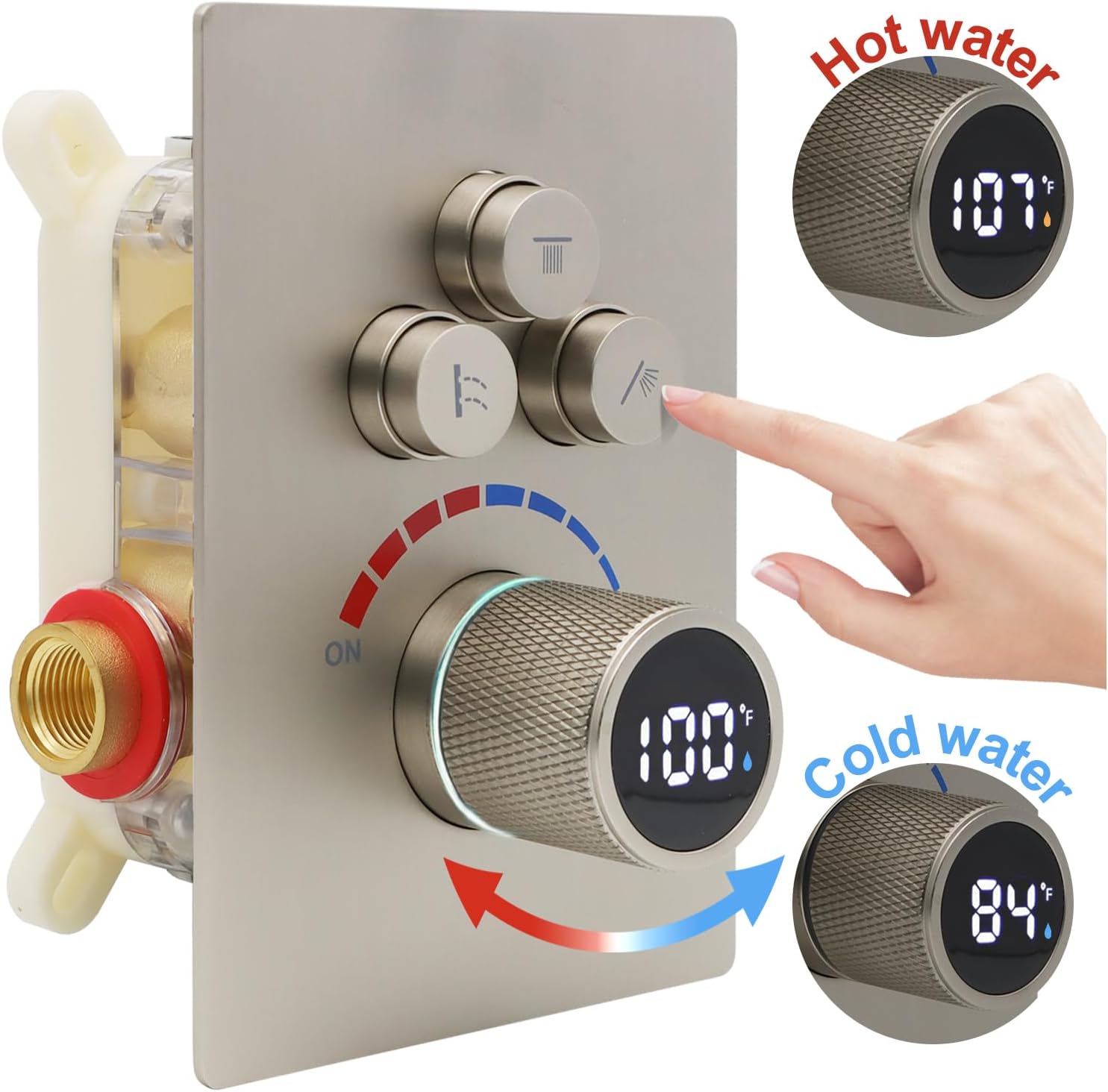 Shower System 12 Inches & 6 Inches Rainfall Shower Head System for Bathroom 3 Function Shower System Set Shower Faucet Concealed Installation Valve（Brushed Nickel）