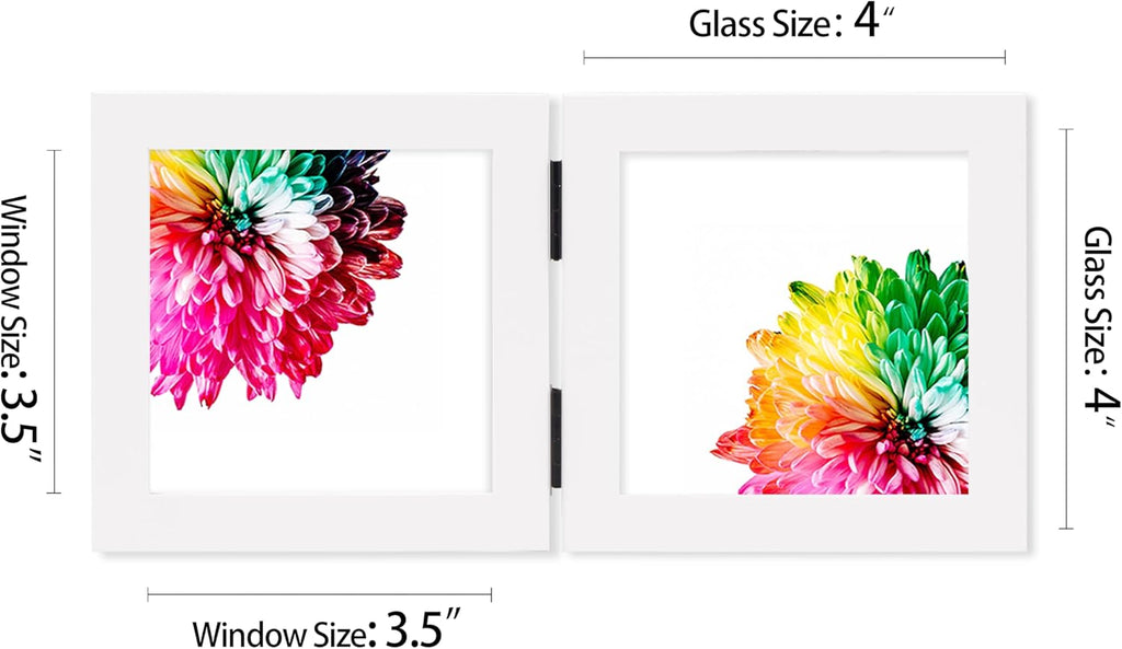 Double 4x4 Square Combo, White Wood Picture Frame, 3.5x3.5 Opening Foldable Photo Frame on Table-top or Wall