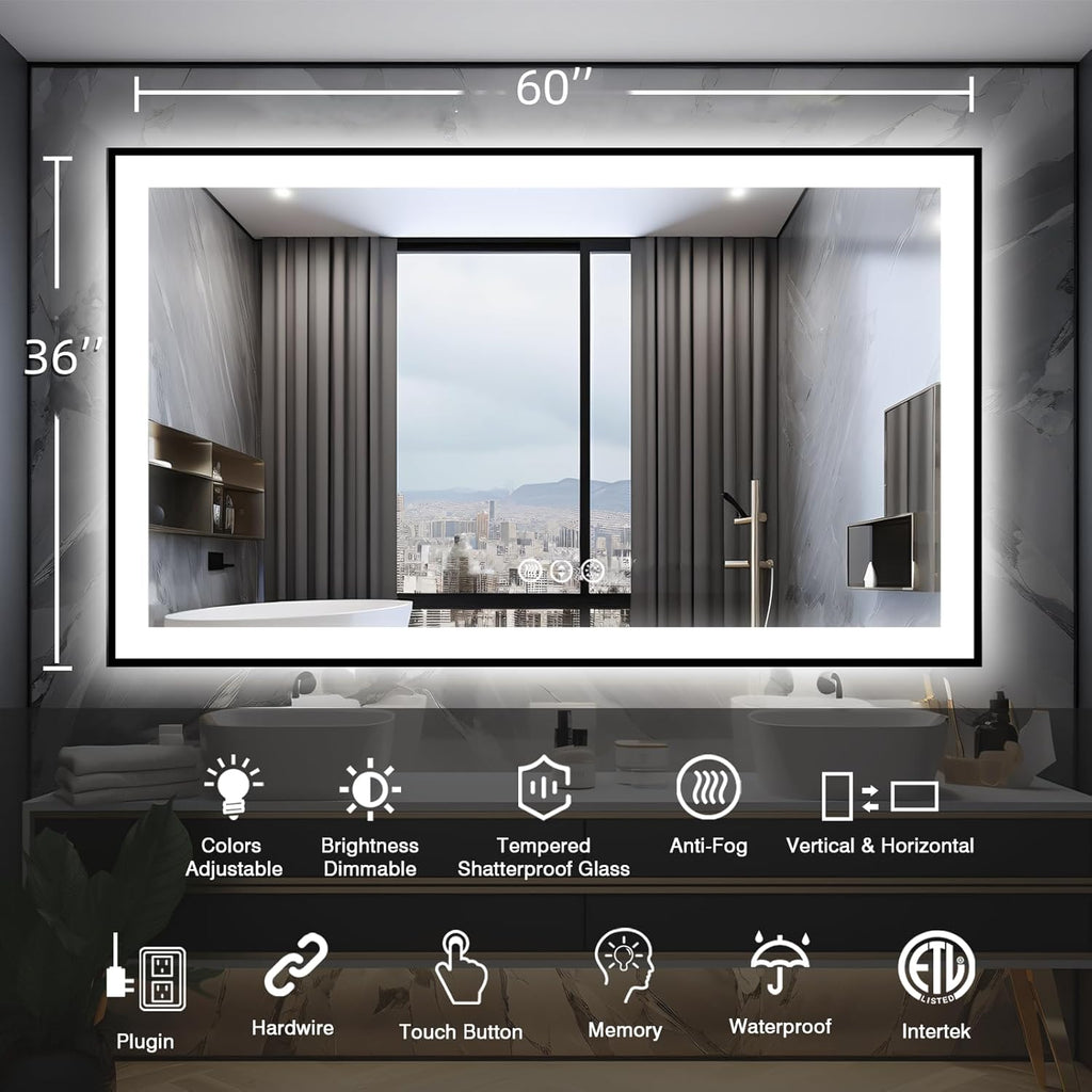 60x36 Lighted Mirrors for Bathroom Wall, Modern Rectangle Matte Black Mirror, Tempered Glass，Double Lights, 3 Colors Dimmable Temperature, IP54 Enhanced Anti-Fog, Memory (Horizontal/Vertical)