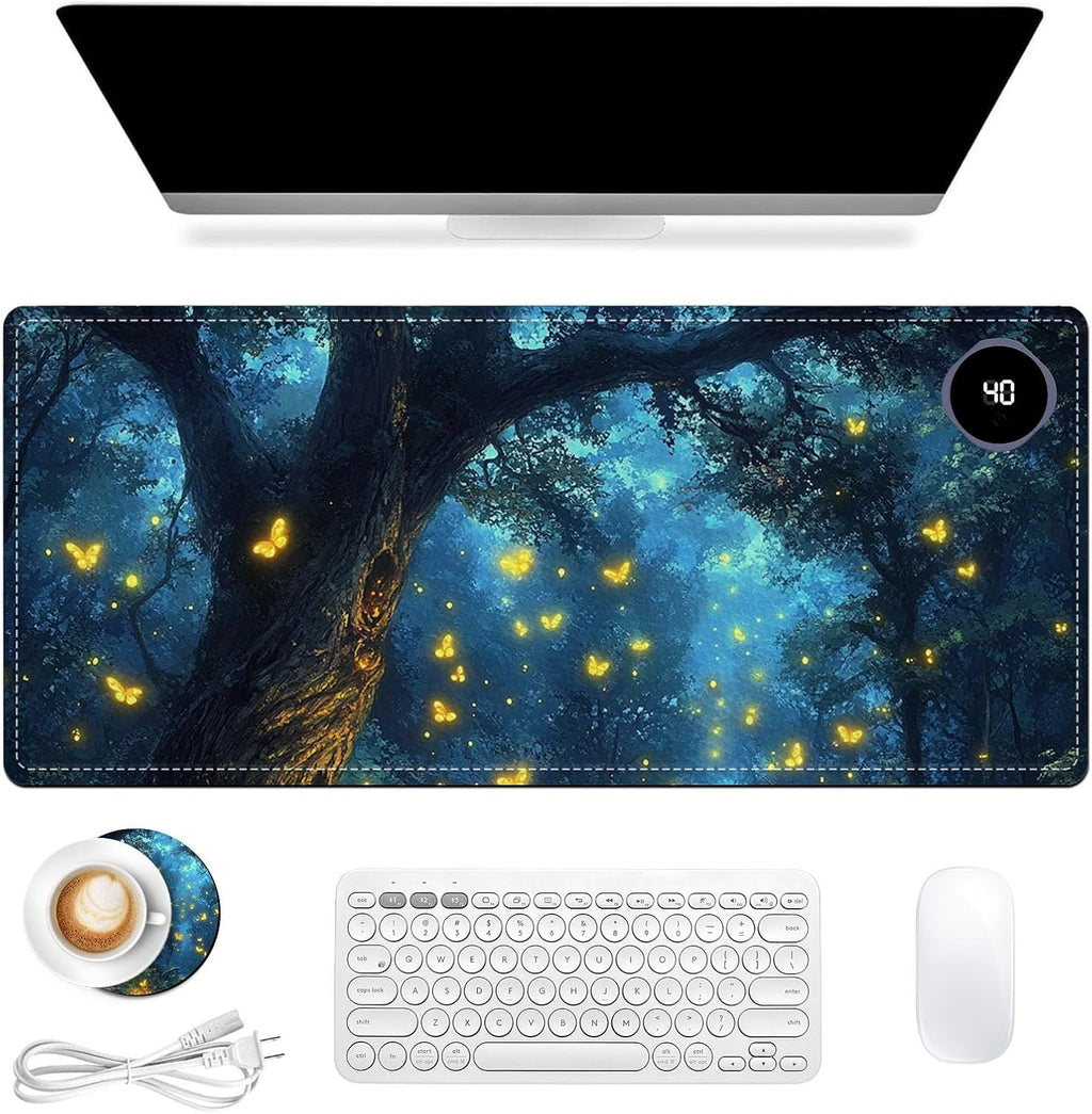 Heated Mouse Pad 31.5x13 in 3-Temp Fast Heating Desk Mat with Auto Timer Warmer for Hands Wrist Pain Relief Waterproof Keyboard Mat for Office, Gaming, Home, Enchanted Forest Glow
