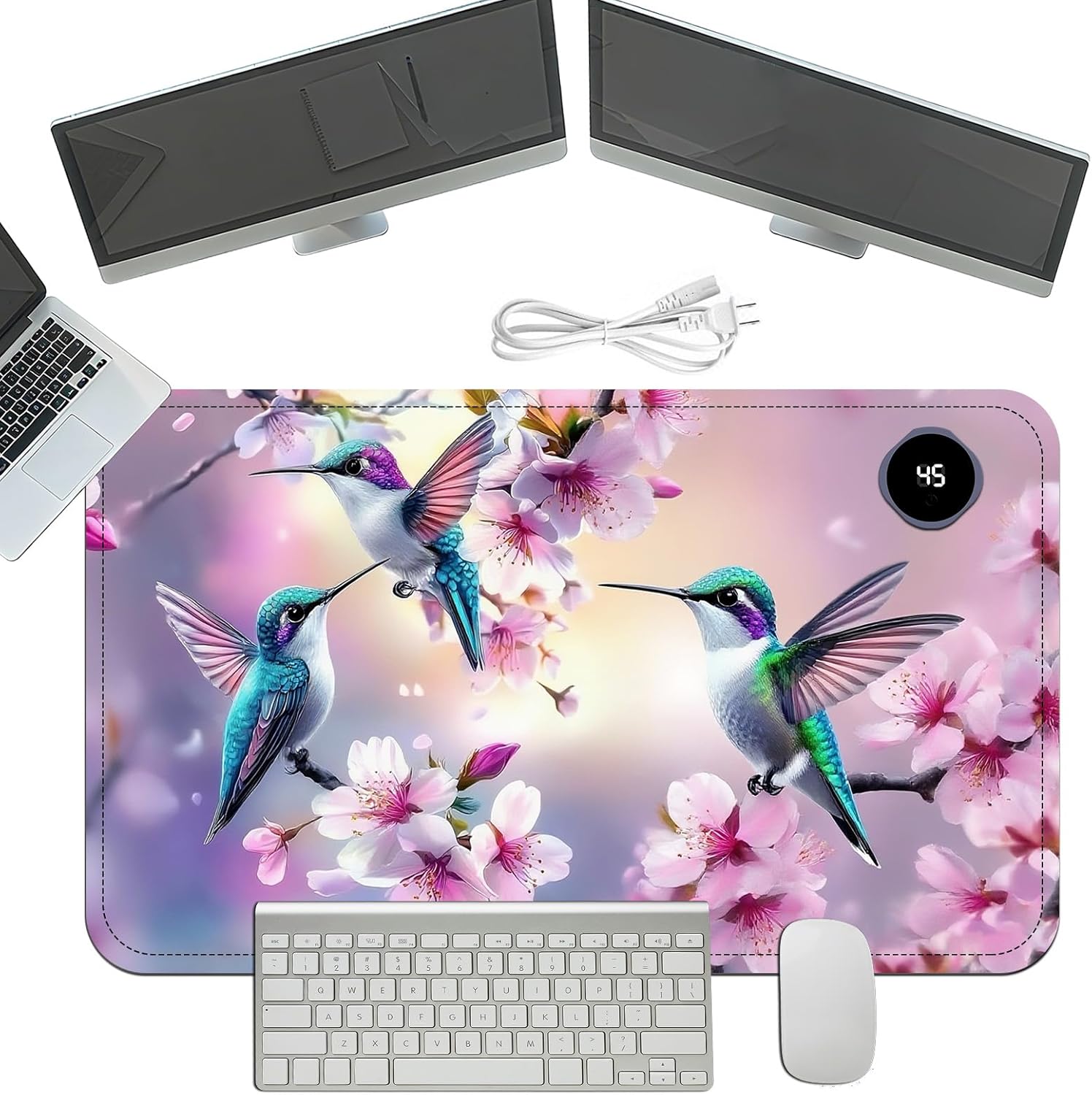 Heated Mouse Pad with 3 Temperature Settings(104°F–122°F),Large 24x14.2 Inch PU Leather Heated Desk Mat,Waterproof Warming Pad for Office,Gaming & Cold Hands Relief,Hummingbirds Flowers