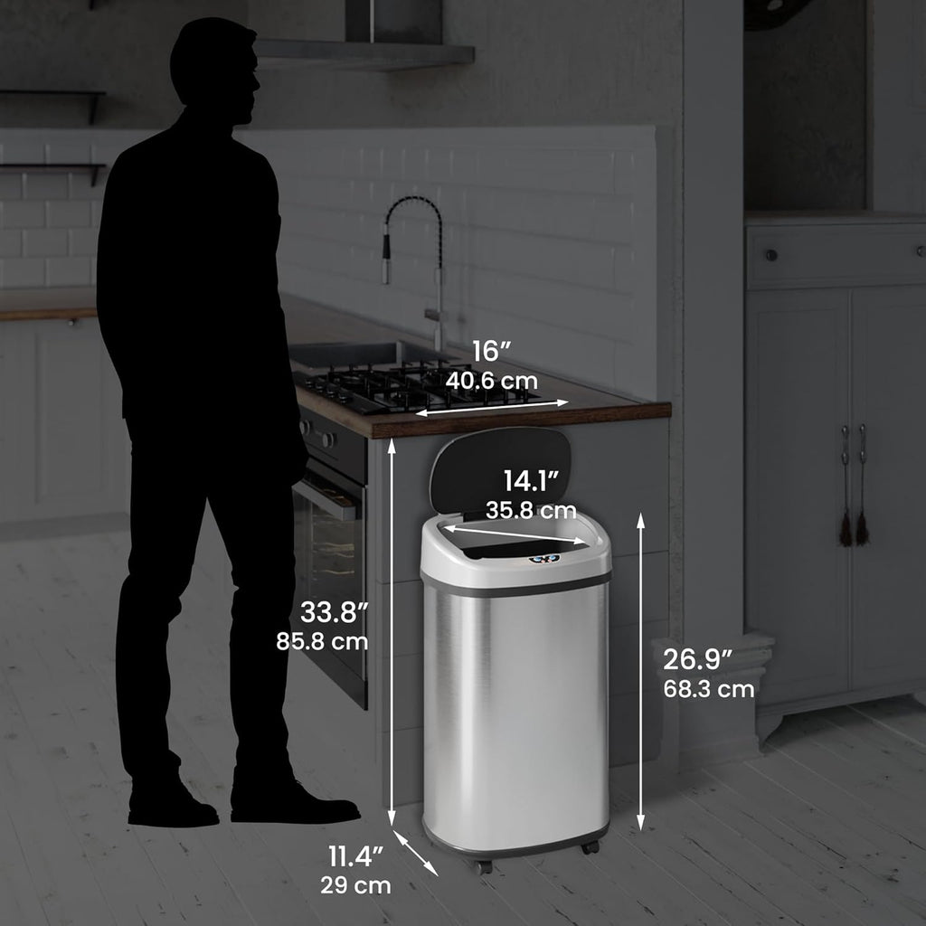 SensorCan 13 Gallon Sensor Trash Can with Wheels and AbsorbX Odor Control System, Stainless Steel, Oval Shape Automatic Kitchen and Office Garbage Bin (Powered by Battery or Optional AC Adapter)