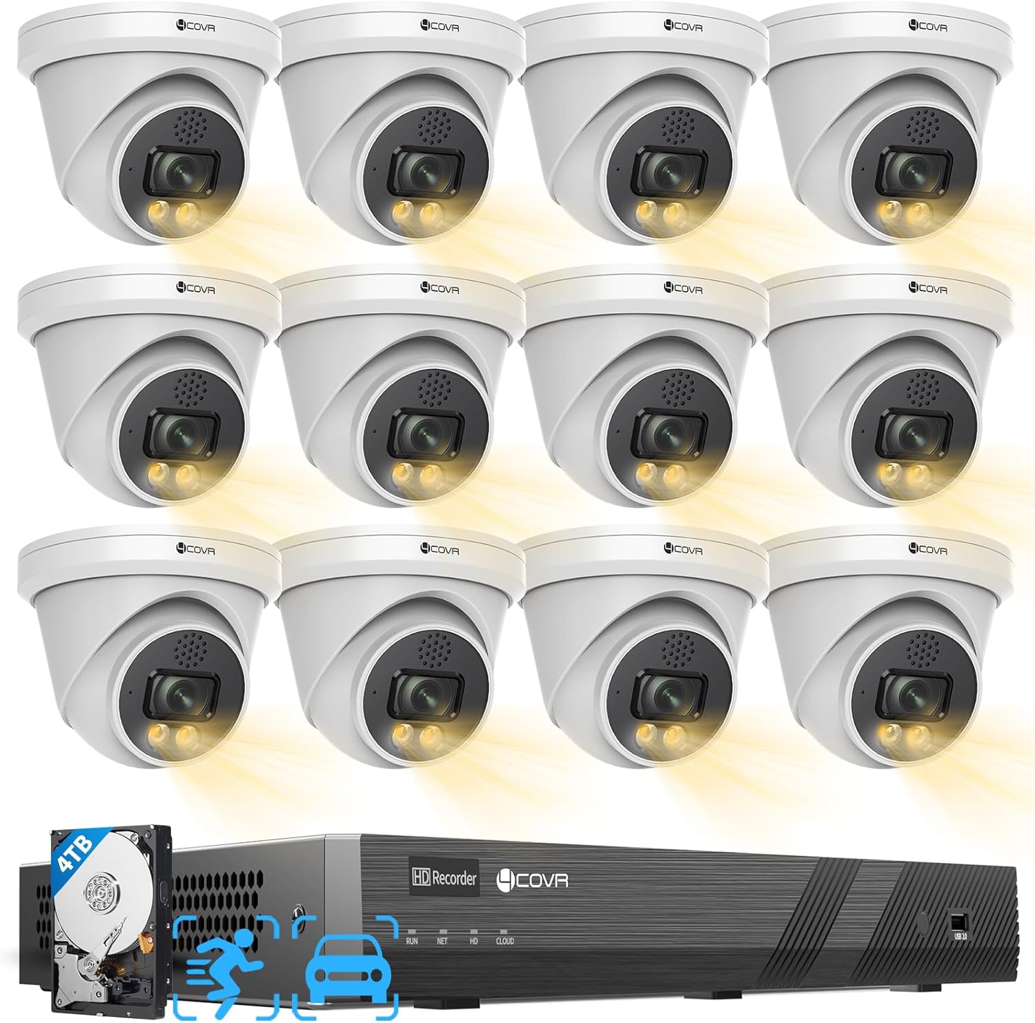 4COVR 16 Channel Security Camera System, 2-Way Talk & Dual Lights Smart Full Color Night Vision, Human/Vehicle Detection, 4K NVR 4TB HDD, 12X 5MP Wired Business Dome IP PoE Camera IP67, LY97KA5M1612