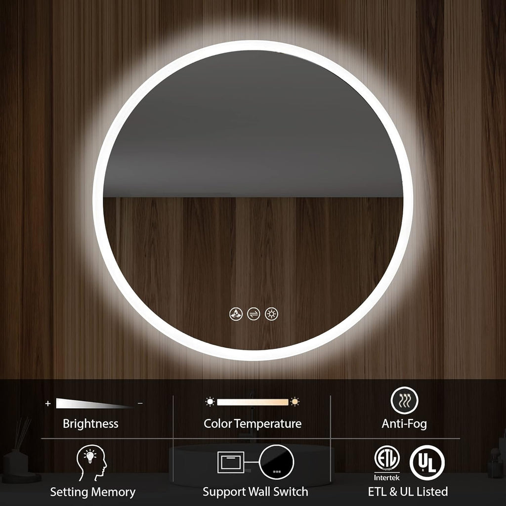 Blossom 24 Inches Large Modern LED Round Bathroom Vanity Mirror, Color Temperature Adjustable, Anti-Fog Dimmable Lights, Easy to Install, Wall Mounted Makeup Mirror with Smart Touch Button
