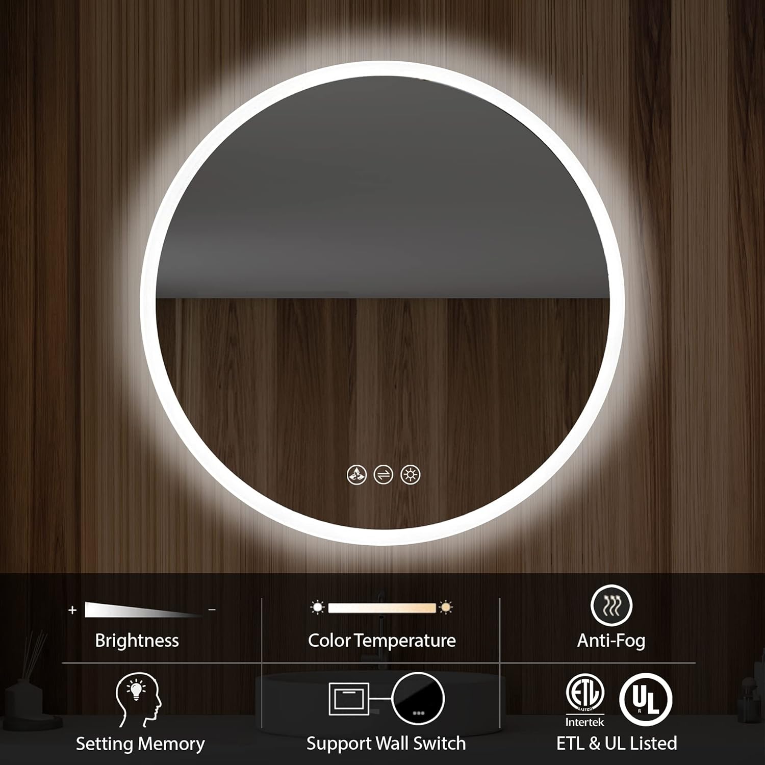 Blossom 24 Inches Large Modern LED Round Bathroom Vanity Mirror, Color Temperature Adjustable, Anti-Fog Dimmable Lights, Easy to Install, Wall Mounted Makeup Mirror with Smart Touch Button