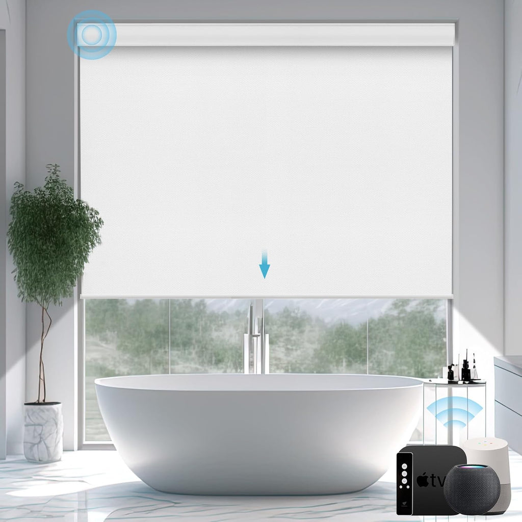 SmartWings Motorized Smart Blinds with Remote, Automatic Blackout Roller Shade Work with Alexa Homekit Thread Google Z-Wave, Electric Blind for Window, Custom Width Up to 110" W,Vinyl Pure White