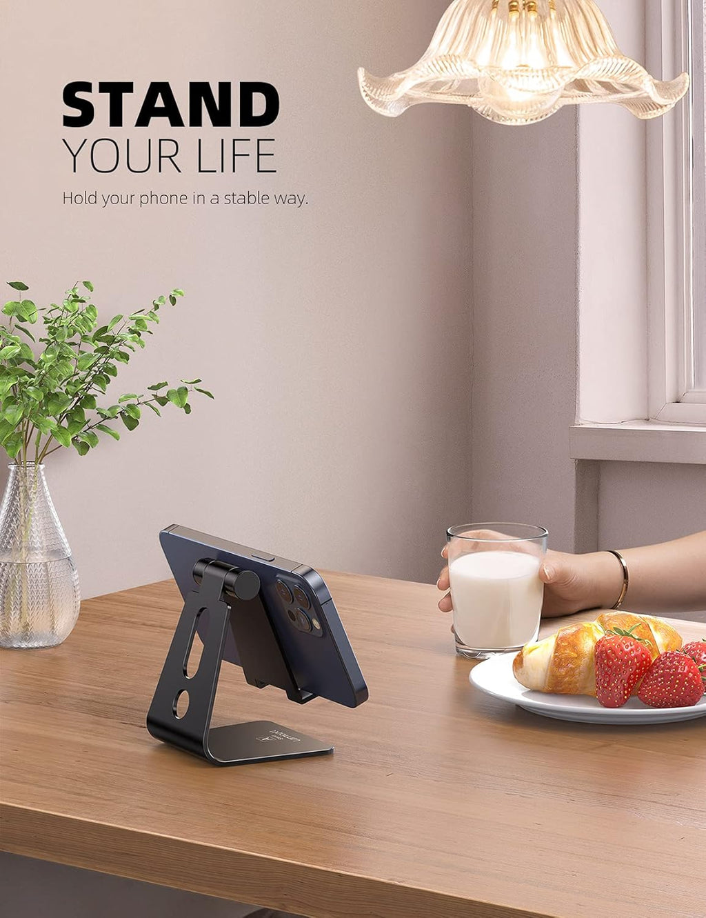 Lamicall Adjustable Cell Phone Stand, Desk Phone Holder, Cradle, Dock, Compatible with iPhone 17 16 15 14 Air Plus Pro Pro Max 13 12 X XS, 4-8" Phones, Office Accessories, All Smartphone, Black