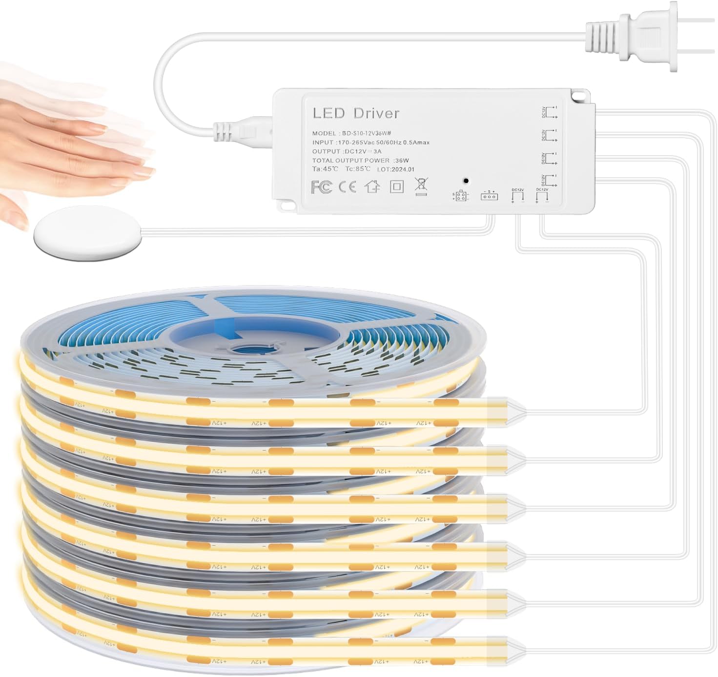 Lichaser 3.28ft COB LED Strip Light, 6 Rolls of 3000K Flexible COB LED for Acoustic Panel and Wood Slat Wall Panels Parallel with Dimmable Touch Sensor Switch, Cuttable for Wood Slat Lighting, Shelf