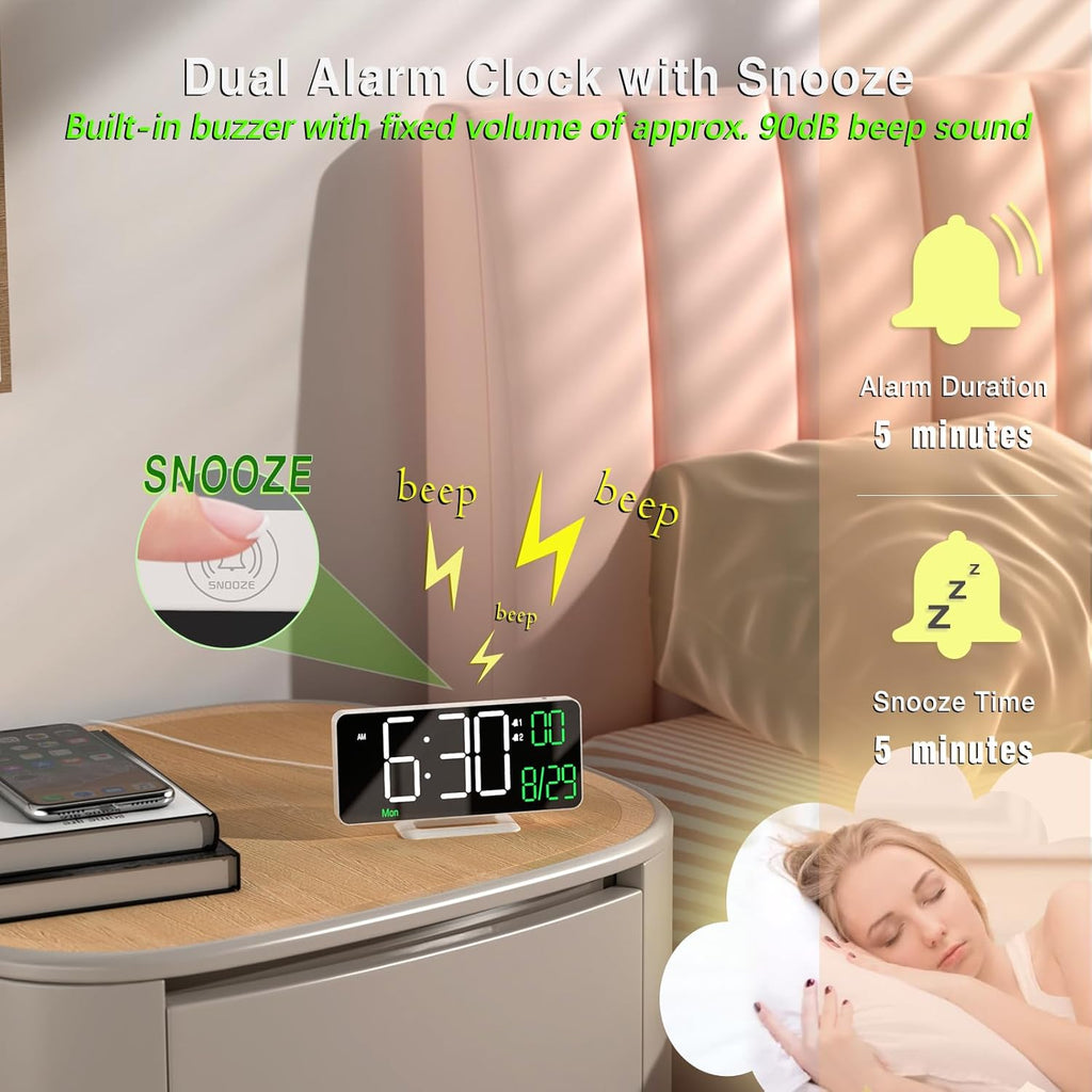 KOSUMOSU Digital Clock for Bedroom, 6.7" Desk Clock LED with Day of Week, Auto Dimming,Indoor Temperature, Clocks for Living Room, Alarm Clocks for Bedrooms