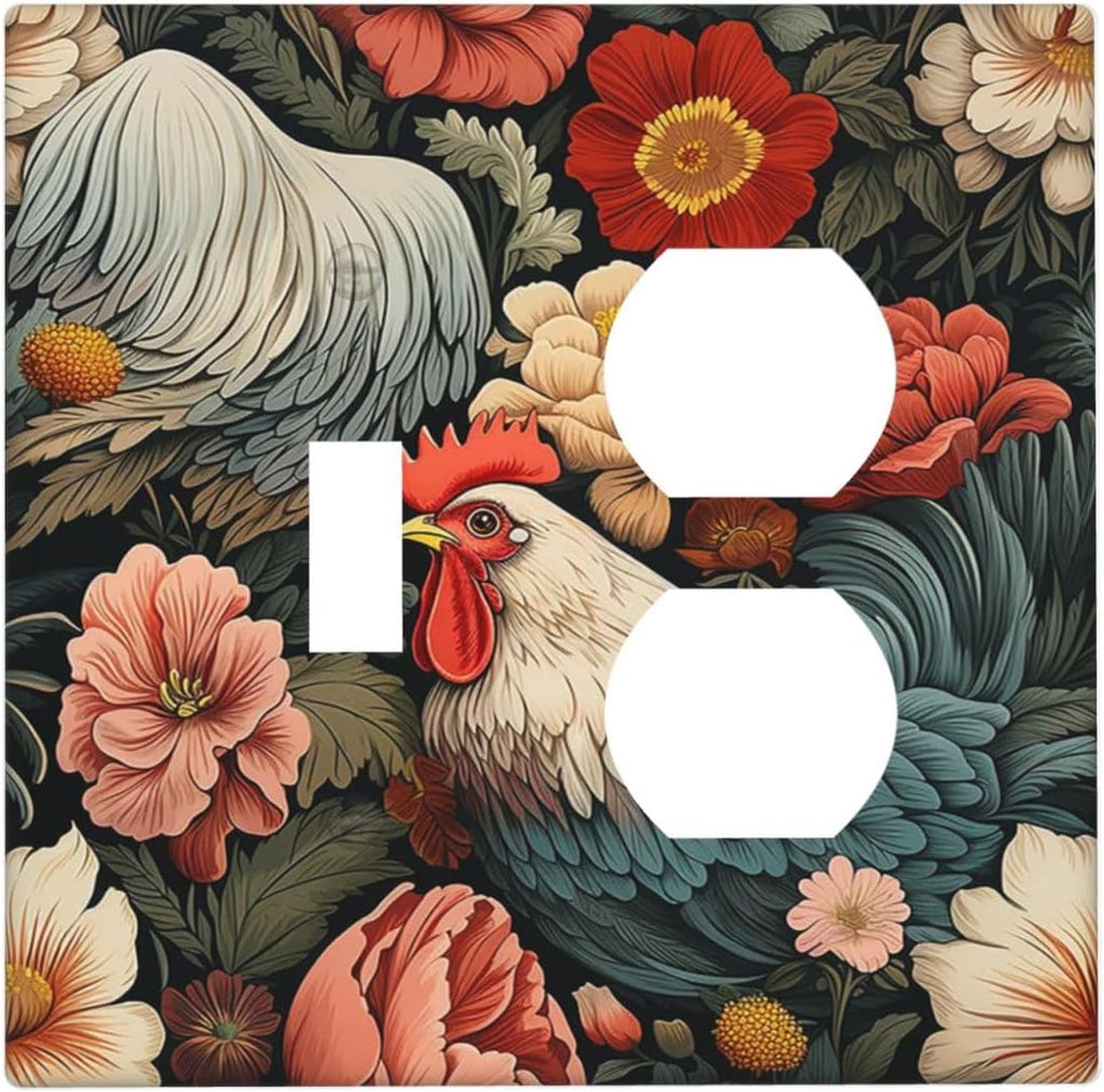 Wallplates Rooster Flowers Red White Chicken Floral 1 Toggle 1 Duplex Switch Plate Electrical GFCI Faceplate Decorative Light Switch Covers for living Room Farmhouse Decor