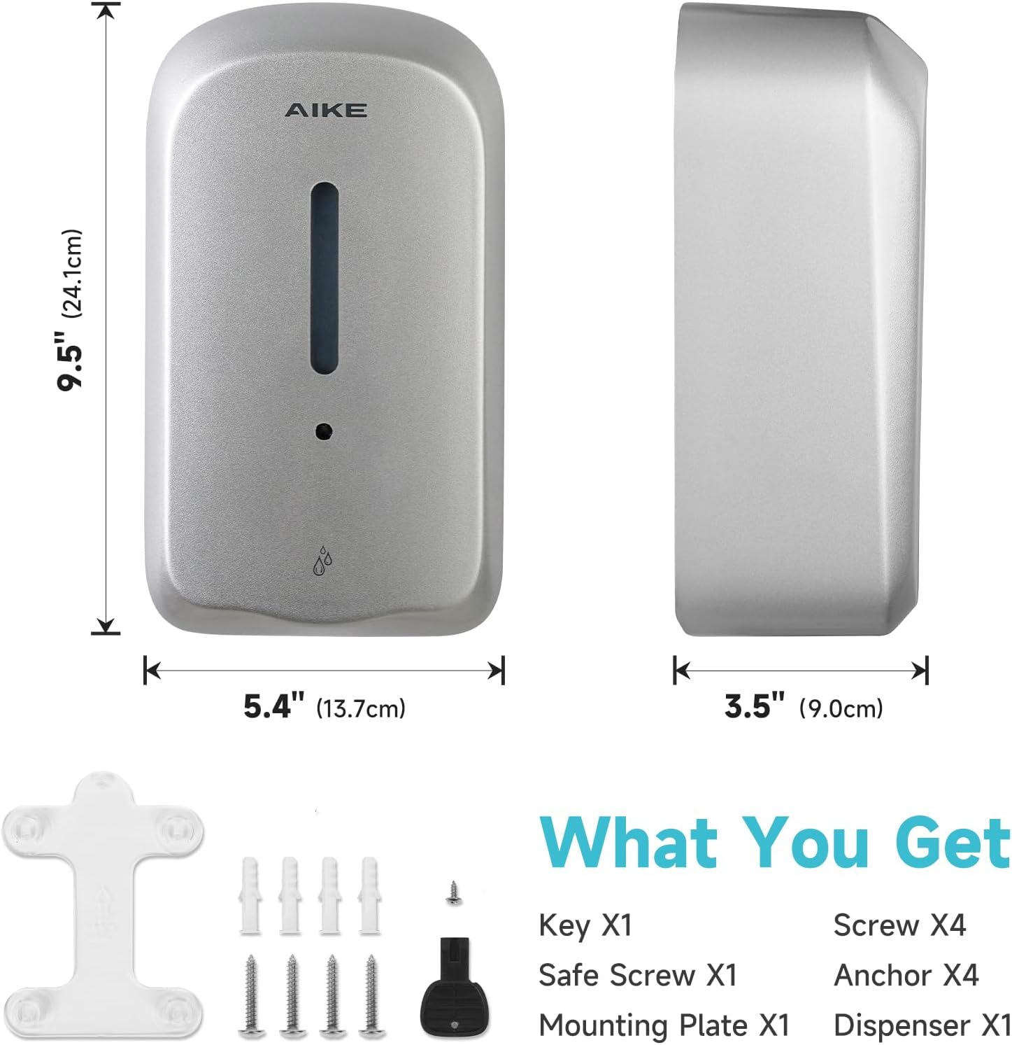 AIKE 33.8oz Automatic Wall Mount Liquid Soap Dispenser with Commercial ABS Construction, Model AK1226S(Silver)
