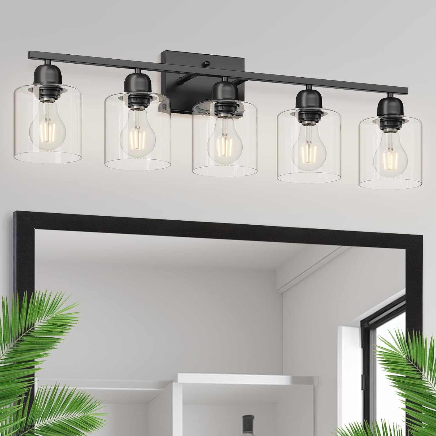 Modern 5 Light Bathroom Vanity Light, 31 inch Black Bathroom Lights Fixtures, Vanity Lights with Clear Glass for Mirror Kitchen Living Room Hallway Cabinet Porch