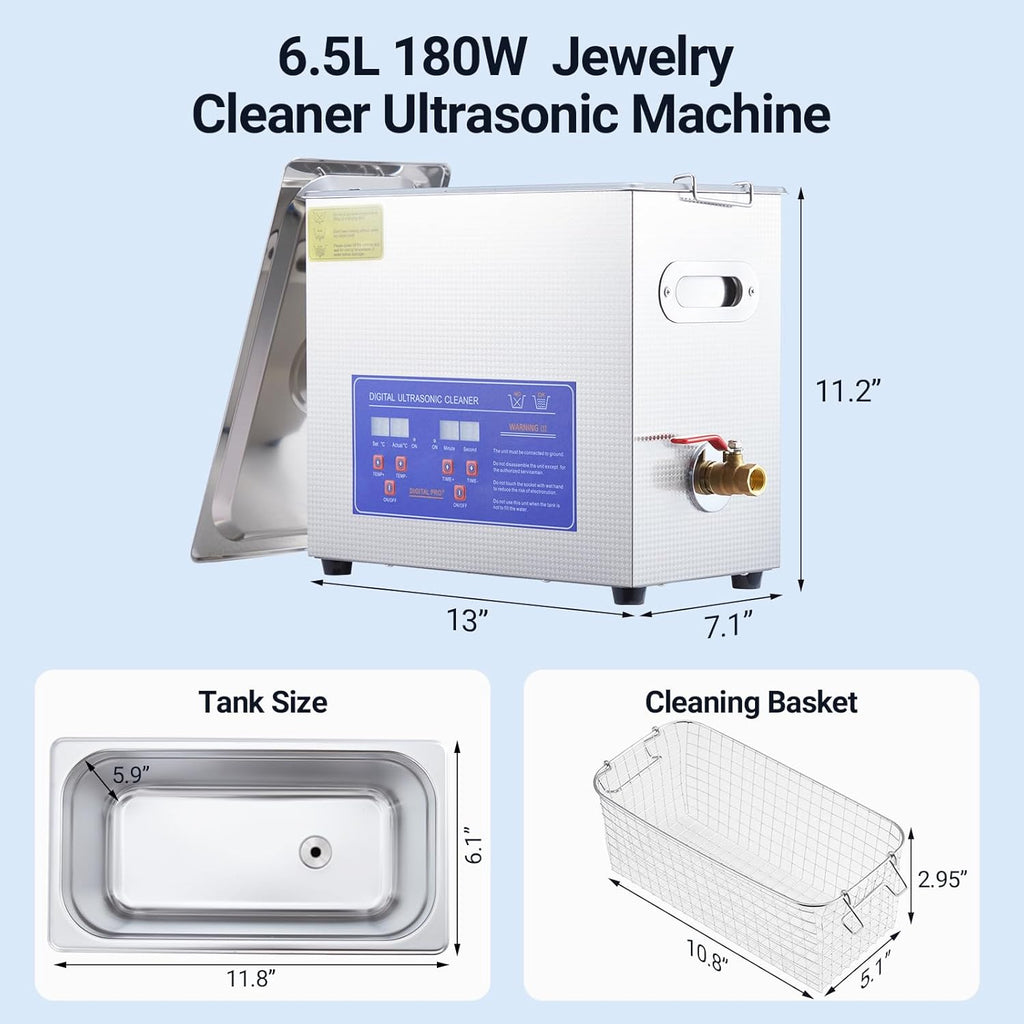 6.5L Professional Ultrasonic Cleaner | Commercial 40kHz with Digital Timer & Heater | for Jewelry, Watches, Eyeglasses & Small Parts Cleaning