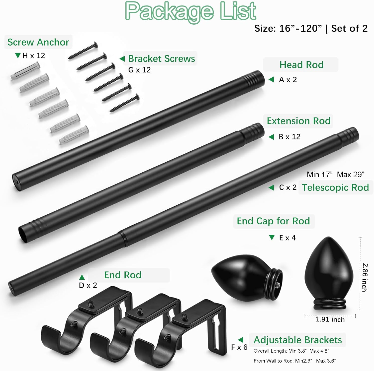 Curtain Rods for Windows 16 to 120 inches, Curtain Rod Max Adjustable Length to 132 in, Drapery Rod 1 inch Diameter with Modern Knobs Finials (Black, 16" to 120" - Set of 2)