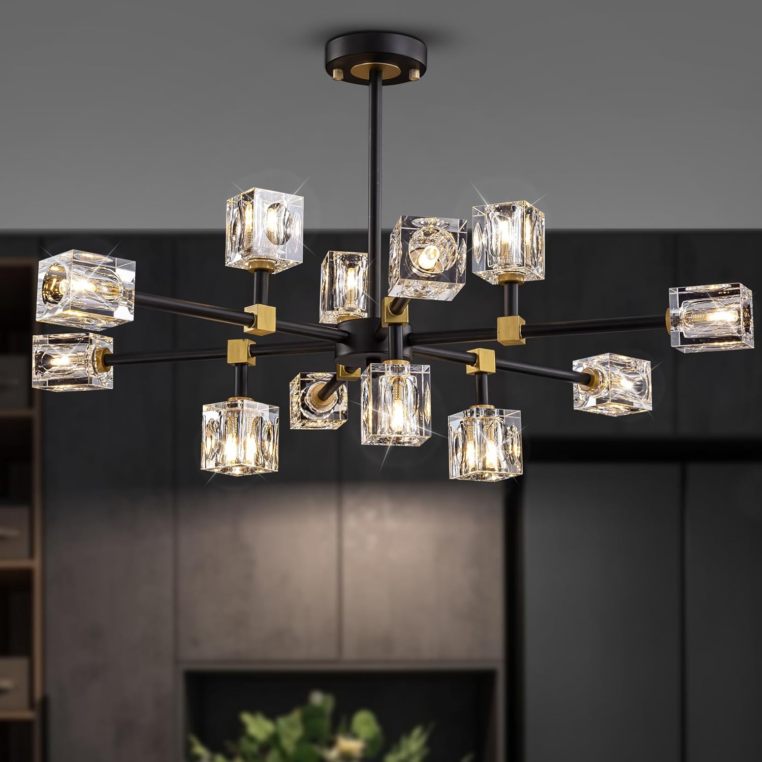Black Crsytal Chandelier,Sputnik Chandeliers with 12-Lights,Modern Adjustable Height Semi Flush Mount Ceiling Light Fixture for Dining Room,Kitchen Island,Living Room,Bedroom