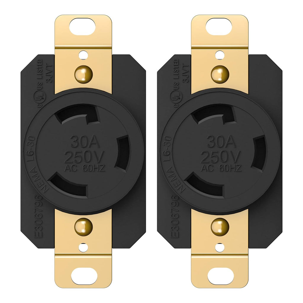 ENERLITES NEMA L6-30R Flush Mounting Locking Receptacle for Generator, Twist Lock Outlet, 30 Amp, 250 Volt, 2 Pole, 3 Wire Grounding, Industrial Grade Heavy Duty, UL Listed, 66460-BK, Black, 2 Pack