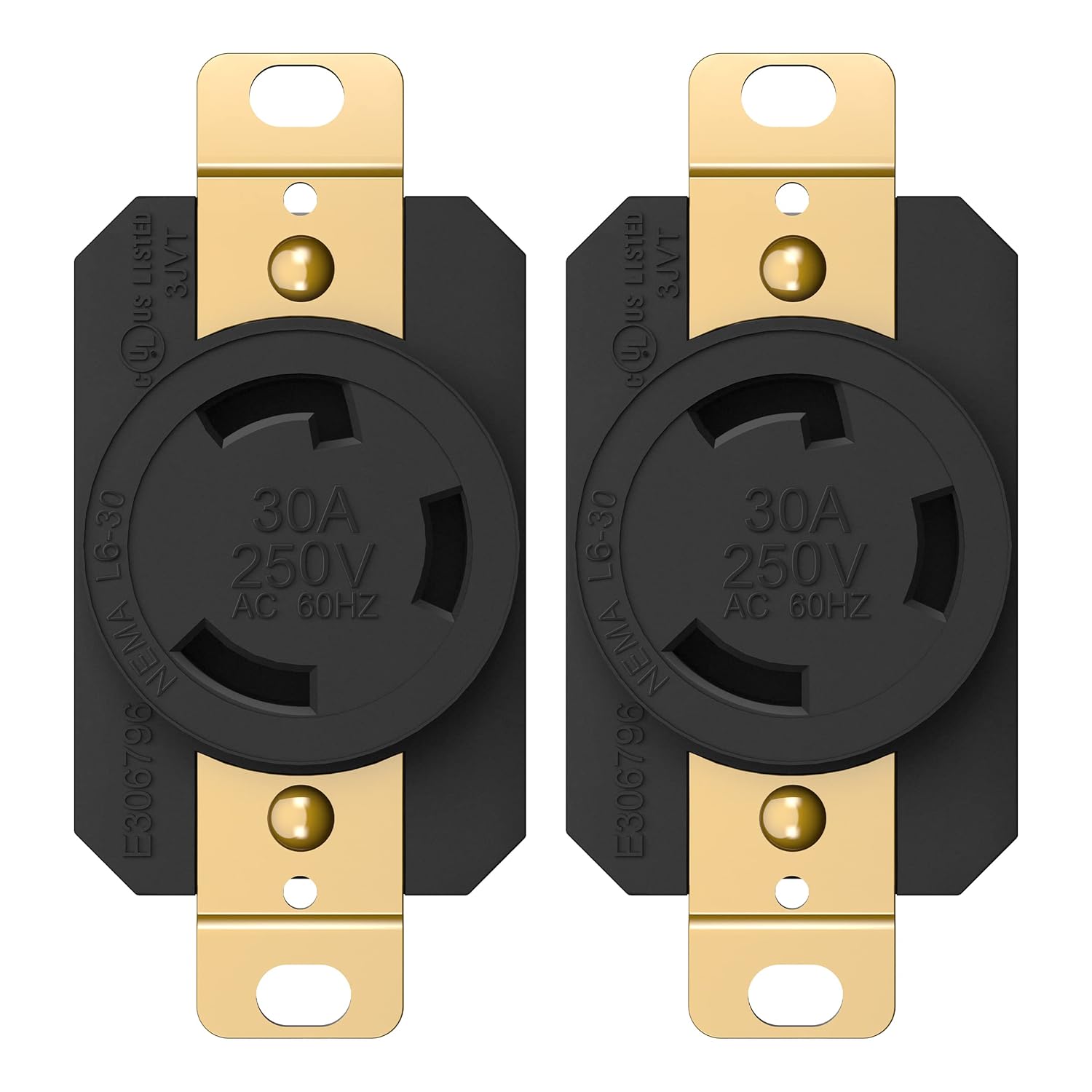 ENERLITES NEMA L6-30R Flush Mounting Locking Receptacle for Generator, Twist Lock Outlet, 30 Amp, 250 Volt, 2 Pole, 3 Wire Grounding, Industrial Grade Heavy Duty, UL Listed, 66460-BK, Black, 2 Pack